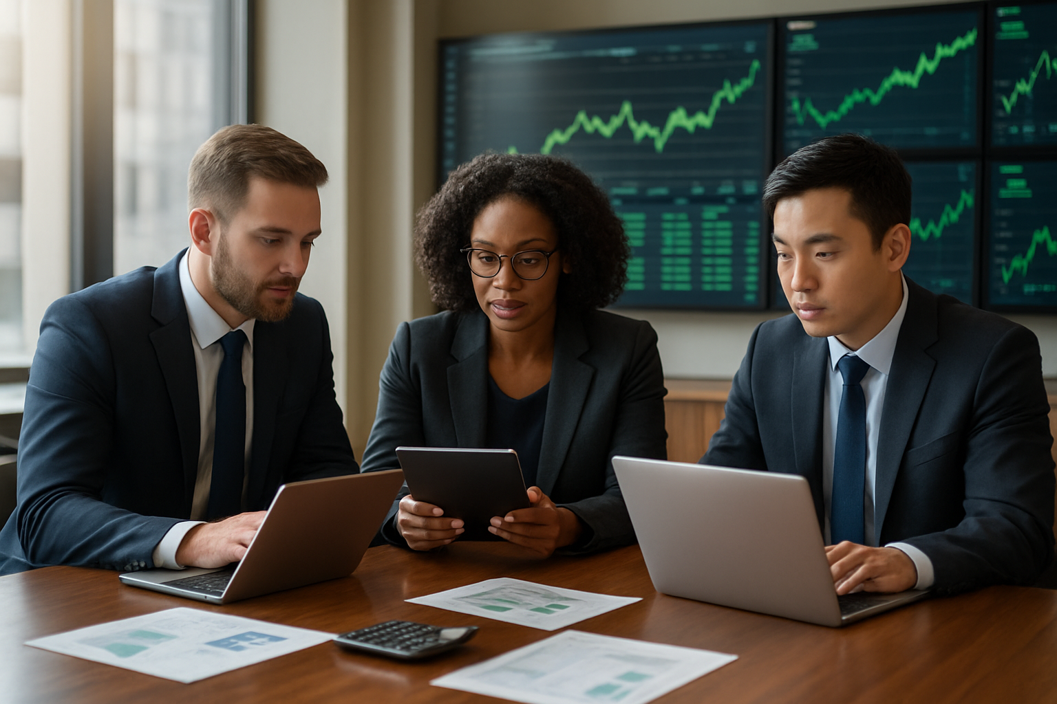 Create a realistic image of a diverse group of professional investors including a white male, black female, and Asian male financial advisor sitting around a modern conference table reviewing investment portfolios and dividend-paying stocks on laptops and tablets, with multiple computer screens in the background displaying upward trending green charts and stock market data, warm natural lighting from large windows, professional office setting with a calm and focused atmosphere, financial documents and calculators scattered on the polished wooden table, absolutely NO text should be in the scene.