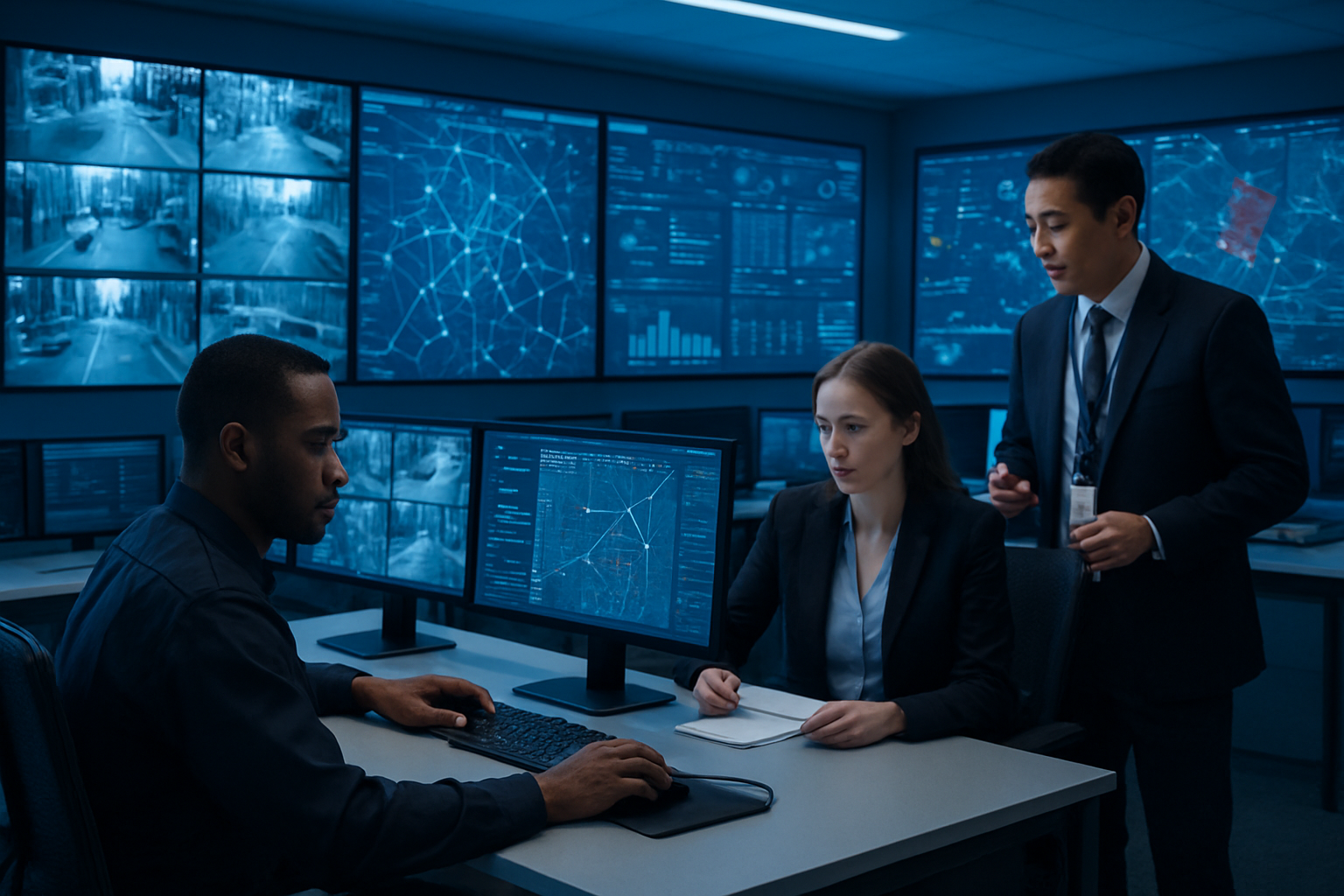 Create a realistic image of a modern government security operations center with multiple large wall-mounted screens displaying AI-powered surveillance feeds, data analytics dashboards, and emergency response maps, featuring a diverse team of security professionals including a black male operator monitoring computers, a white female analyst reviewing digital threat assessments, and an Asian male supervisor coordinating responses, all wearing professional uniforms or business attire, set in a high-tech command center with blue ambient lighting from the screens, clean modern furniture, and advanced communication equipment, creating a focused and professional atmosphere that conveys cutting-edge technology enhancing public safety operations, absolutely NO text should be in the scene.