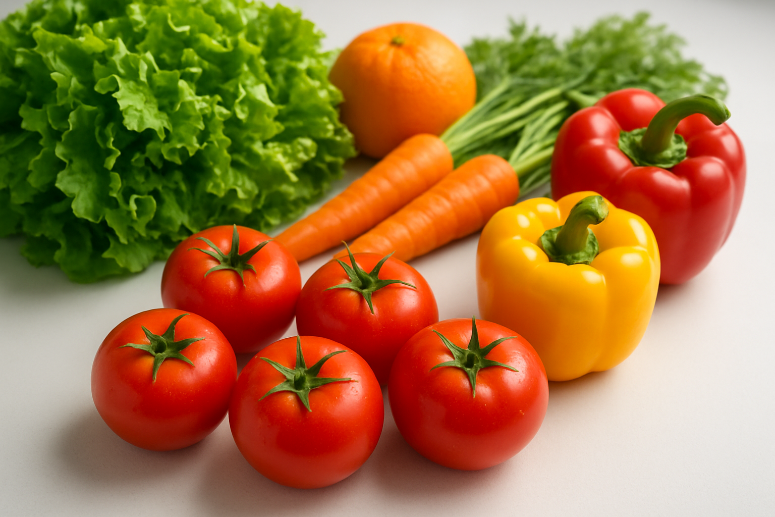 Create a realistic image of fresh red ripe tomatoes arranged on a clean white surface alongside colorful fruits and vegetables like leafy greens, carrots, and bell peppers, with a subtle soft natural lighting from above casting gentle shadows, creating a clean healthy eating concept scene that emphasizes nutritional wellness, absolutely NO text should be in the scene.