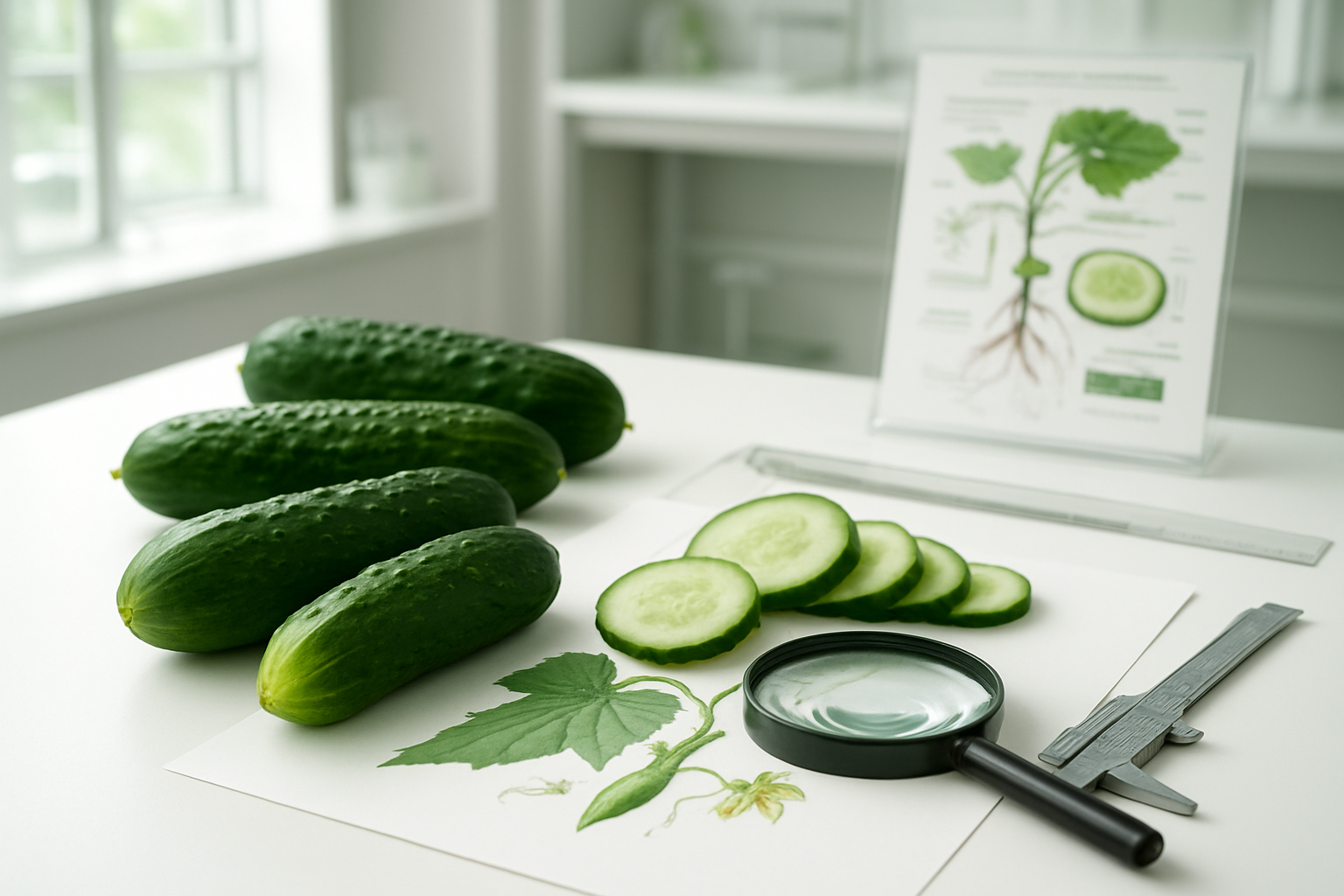 Create a realistic image of fresh whole cucumbers and cross-sectioned cucumber slices arranged on a clean white laboratory table alongside botanical classification materials including a magnifying glass, scientific measuring tools, and botanical reference charts showing plant anatomy diagrams, set in a bright modern laboratory environment with natural lighting from large windows, featuring a clean scientific aesthetic with subtle green tones, Absolutely NO text should be in the scene.