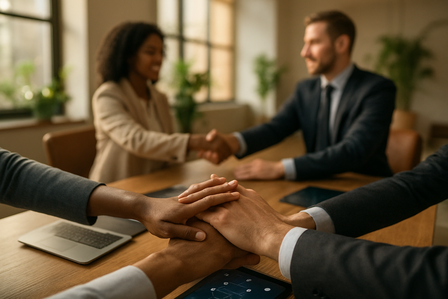 Create a realistic image of diverse hands coming together in a collaborative gesture over a modern conference table, with white male and black female professionals shaking hands in the background, laptops and tablets displaying connection icons and network diagrams scattered on the table, warm natural lighting from large windows, professional office environment with plants and modern furniture, conveying partnership and teamwork atmosphere, absolutely NO text should be in the scene.
