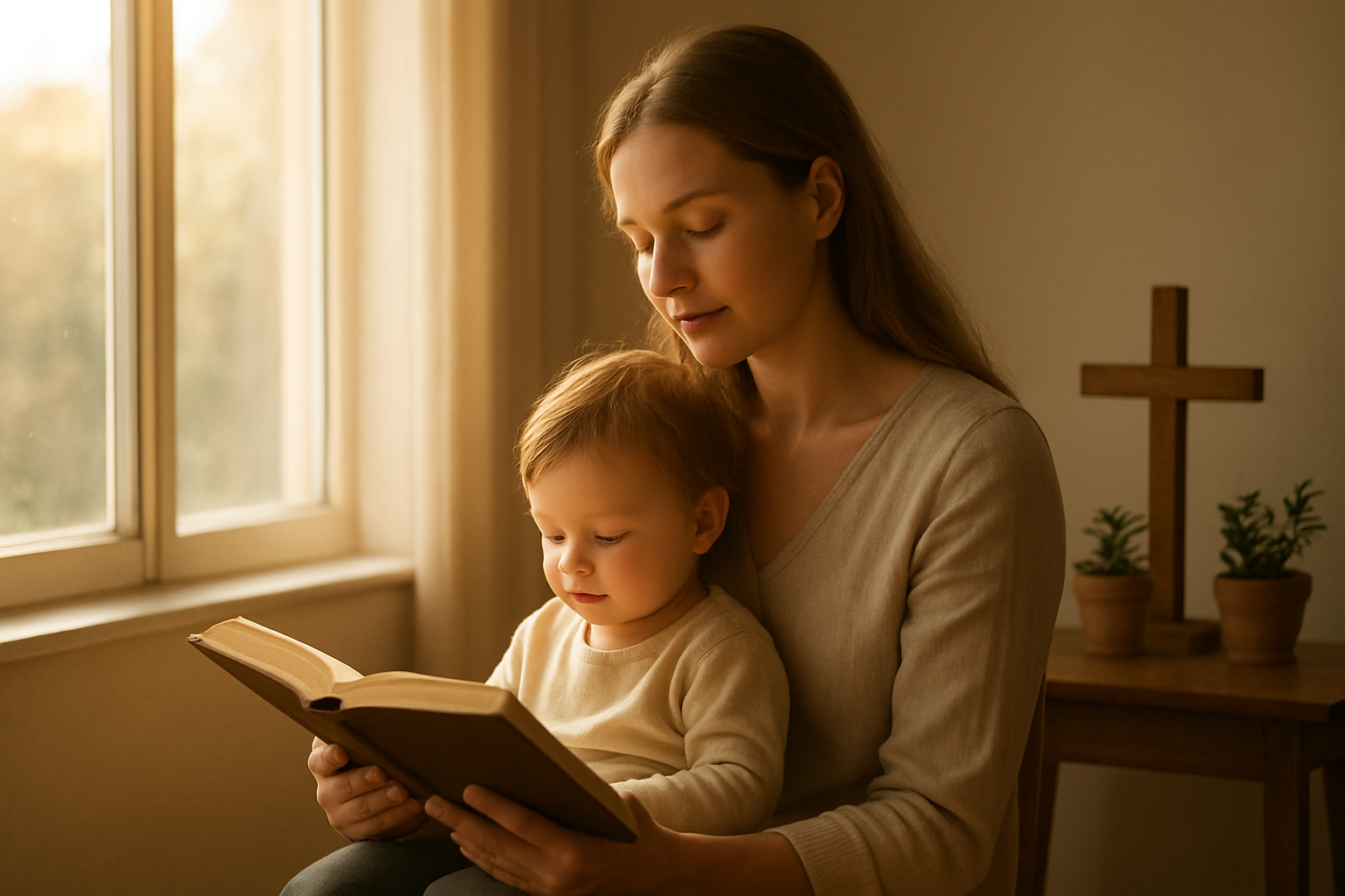 Create a realistic image of a peaceful white female mother sitting in a softly lit room near a large window with natural sunlight streaming through, holding a young child on her lap while reading from an open book, with a wooden cross and small potted plants visible on a nearby table, warm golden lighting creating a serene and contemplative atmosphere that conveys spiritual reflection and nurturing care, absolutely NO text should be in the scene.