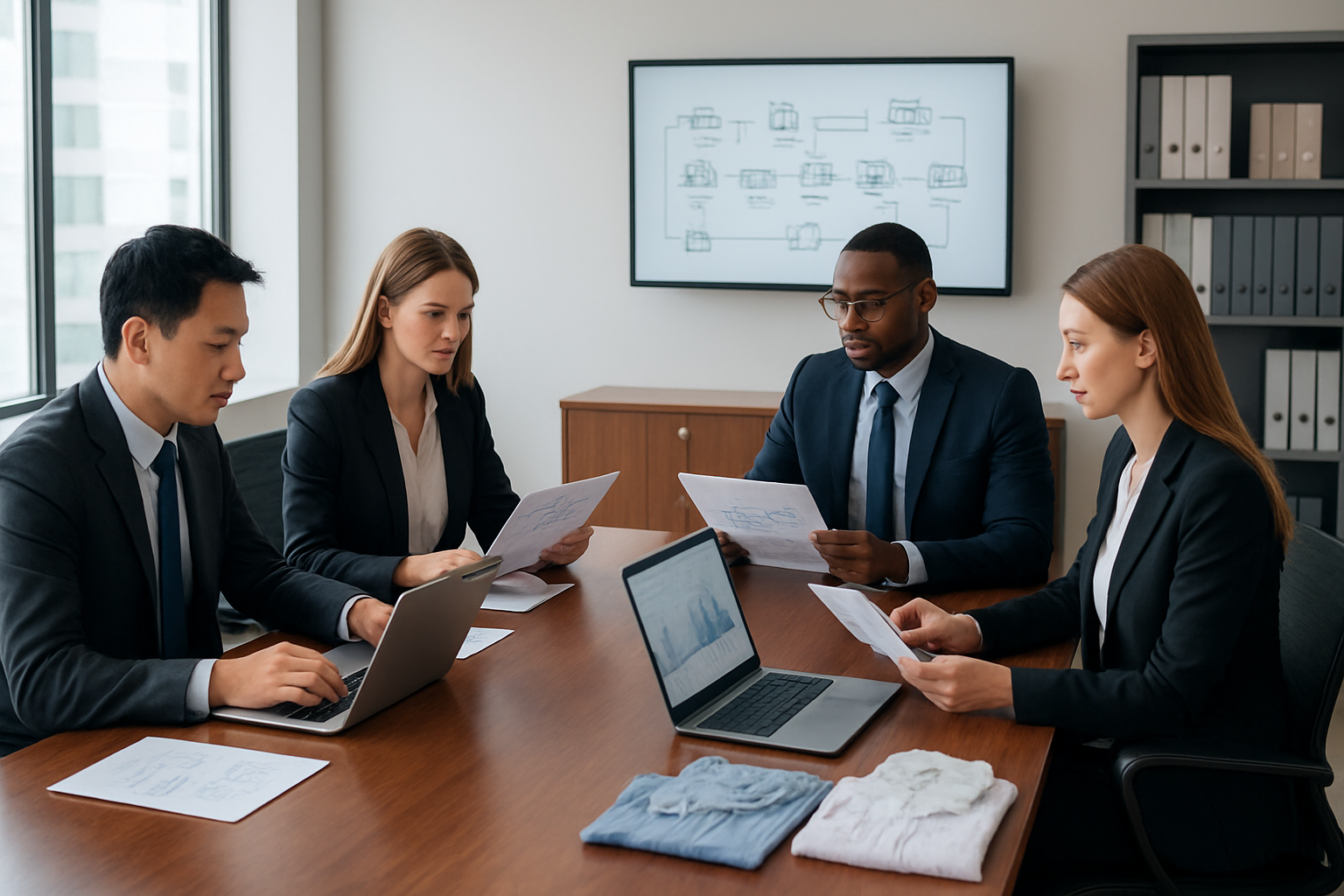 Create a realistic image of a modern office conference room with Asian male and white female business professionals in formal attire sitting around a polished wooden table reviewing documents and charts, with laptops open showing spreadsheets and risk assessment graphs, a large wall-mounted monitor displaying supply chain flowcharts, shelves with organized binders and files in the background, bright natural lighting from large windows, professional corporate atmosphere with clean modern interior design, and textile samples of shirts and children