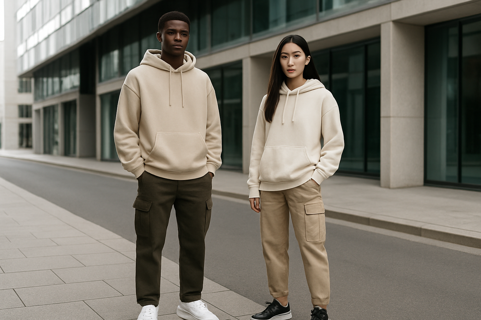 Create a realistic image of a young black male and Asian female Gen Z individuals wearing modern streetwear with clean aesthetic designs, featuring oversized minimalist hoodies in neutral tones, tailored cargo pants, and sleek sneakers, standing on a contemporary urban street with modern architecture and glass buildings in the background, soft natural lighting creating a fresh daytime atmosphere, models positioned casually but stylishly to showcase the clean lines and sophisticated simplicity of their outfits, absolutely NO text should be in the scene.