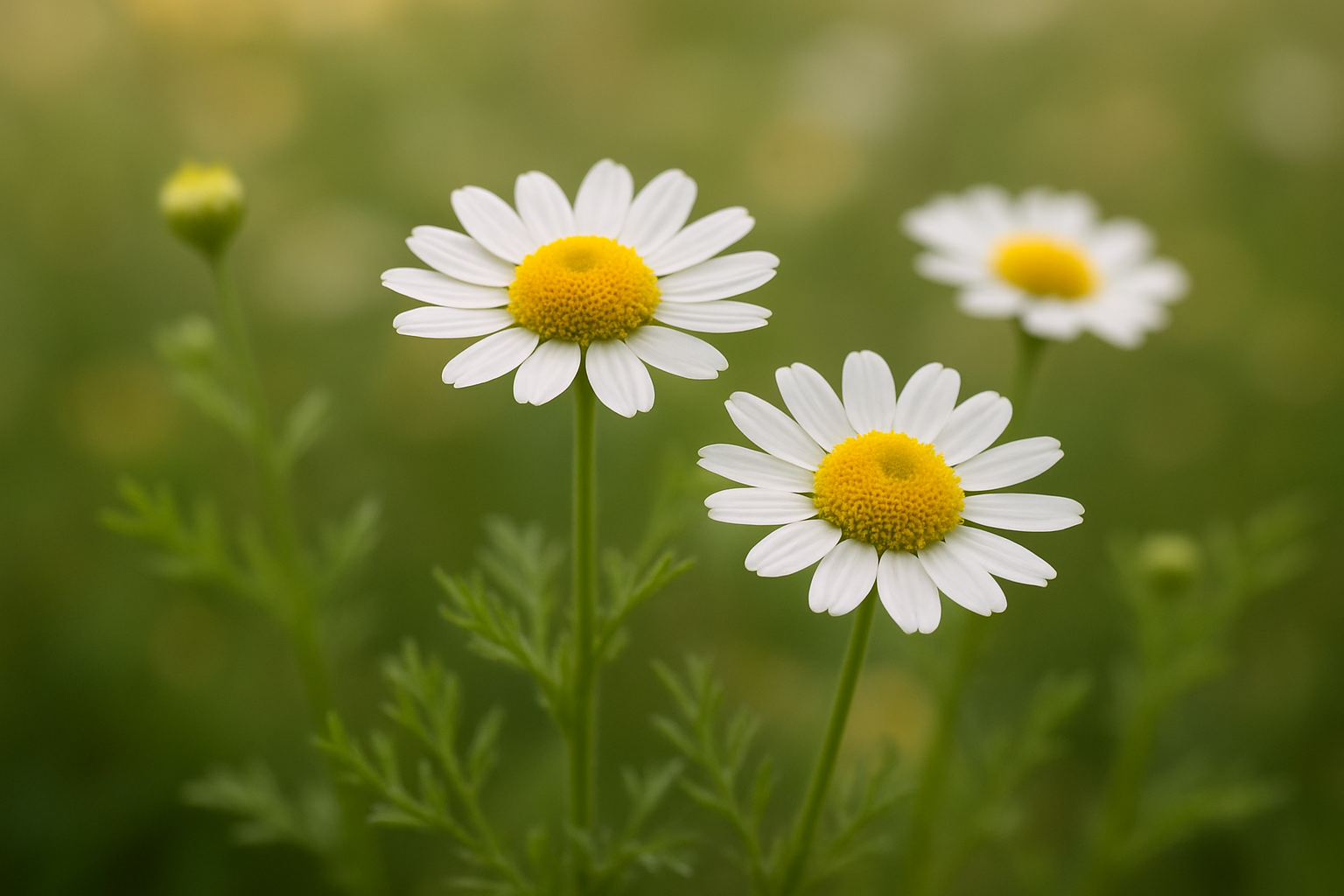 Create a realistic image of a close-up view of chamomile flowers in their natural state, showing delicate white petals with bright yellow centers, surrounded by fresh green leaves and stems, with soft natural lighting highlighting the gentle, soothing qualities of the plant, set against a blurred botanical background with warm, peaceful tones that convey calmness and natural wellness, absolutely NO text should be in the scene.