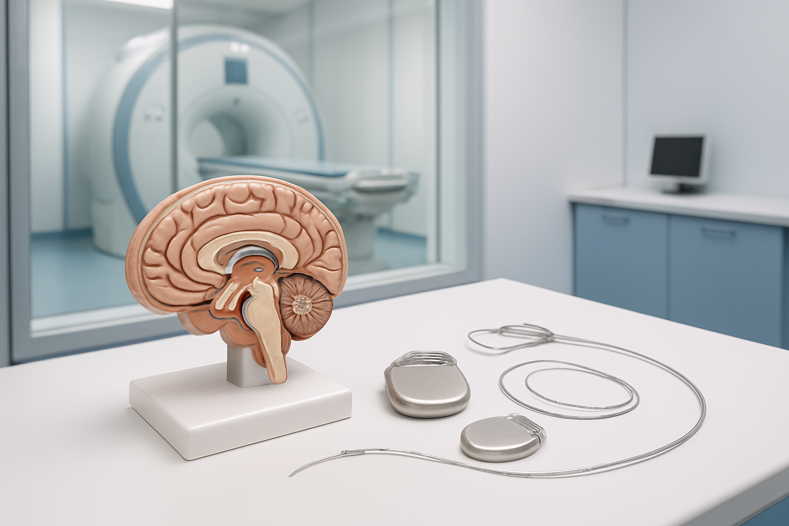 Create a realistic image of a modern medical consultation room showing a detailed cross-sectional brain model on a desk alongside various deep brain stimulation devices including pacemaker-like pulse generators and thin electrode leads, with an MRI machine visible in the background through glass windows, sterile white and blue medical environment with soft clinical lighting, showcasing the compatibility assessment process between DBS implants and MRI scanning equipment, absolutely NO text should be in the scene.