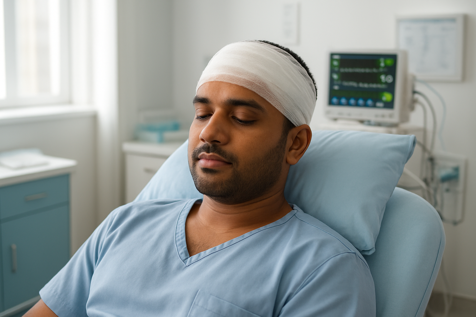 Create a realistic image of a South Asian male patient lying comfortably on a medical bed or reclining chair in a clean, modern clinic room, with fresh surgical bandages wrapped around his head covering the hair transplant area, showing some minor swelling around the forehead, medical monitoring equipment visible in the background, soft natural lighting from a window, sterile white and blue medical environment, the patient appearing calm and resting during the immediate post-operative recovery period, with medical charts and equipment subtly placed around the room, absolutely NO text should be in the scene.
