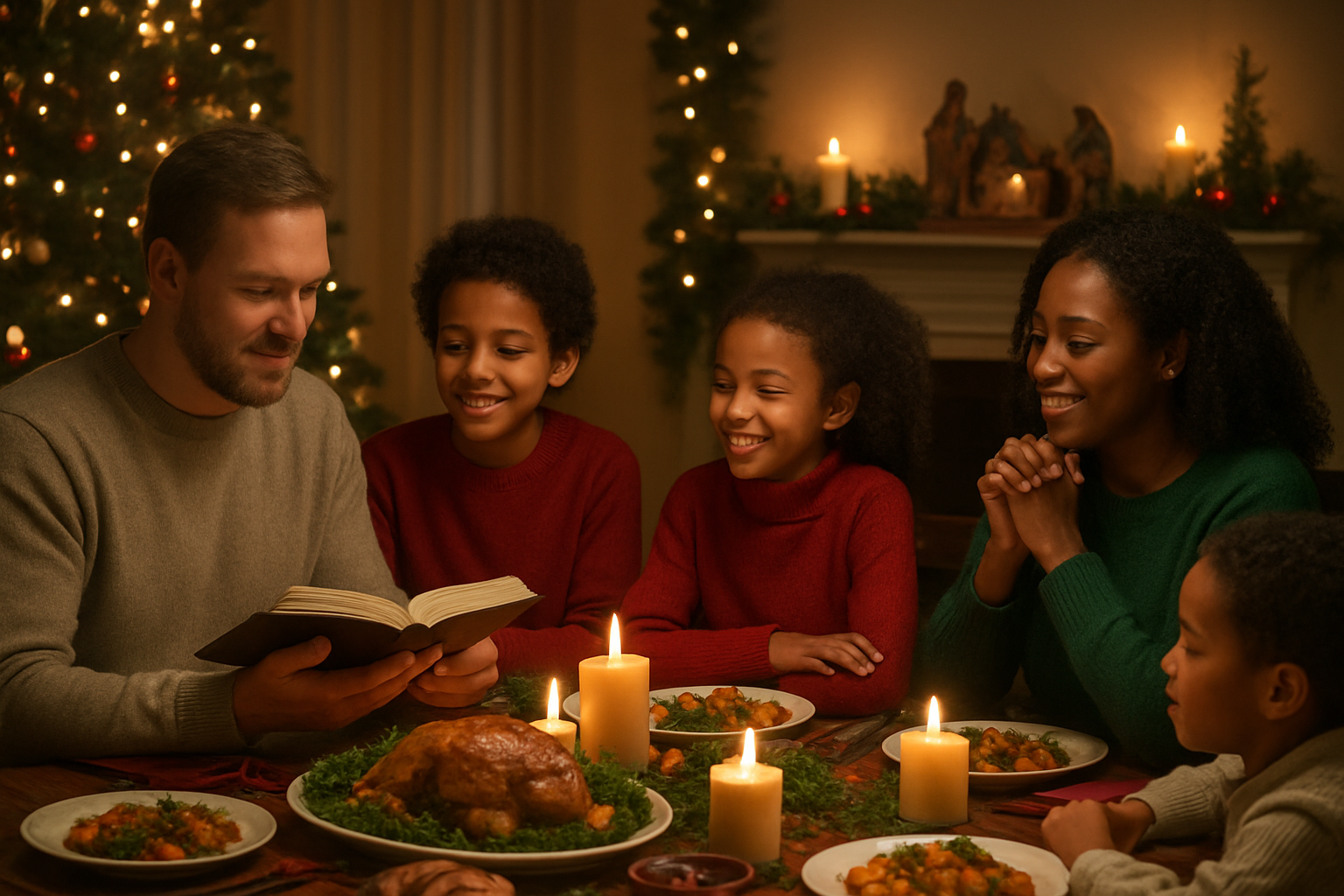 Create a realistic image of a diverse family gathered around a beautifully decorated Christmas dinner table with a white male father, black female mother, and mixed-race children of various ages, with one person reading from an open Bible while others listen attentively, warm golden candlelight illuminating their faces, a Christmas tree with soft lights glowing in the background, nativity scene displayed on a nearby mantelpiece, festive red and green decorations throughout the cozy living room, peaceful and reverent atmosphere with expressions of joy and spiritual connection, evening lighting creating a warm intimate glow, absolutely NO text should be in the scene.