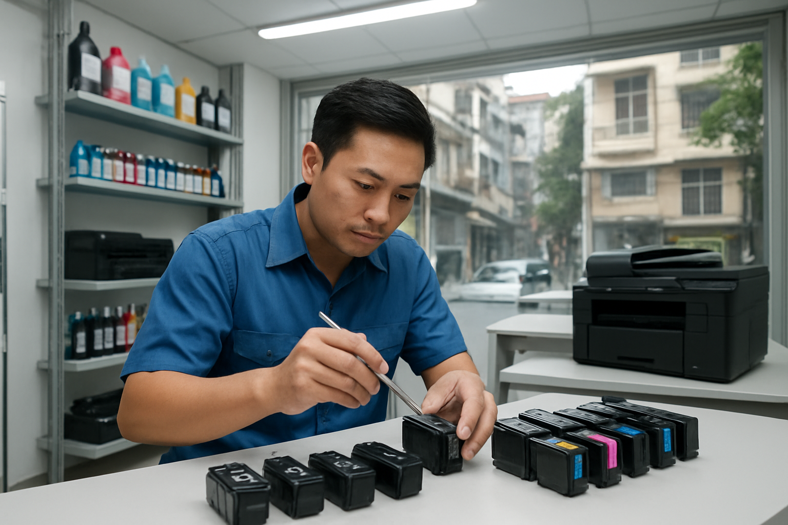 Create a realistic image of a professional printer ink refill service shop interior in Vietnam, featuring multiple black and color printer cartridges neatly arranged on a clean white counter, a Vietnamese male technician in his 30s wearing a blue work shirt carefully handling a printer cartridge with precision tools, modern printing equipment and ink bottles visible on organized shelves in the background, bright fluorescent lighting creating a clean professional atmosphere, with a subtle urban Hanoi neighborhood view through a glass window, absolutely NO text should be in the scene.