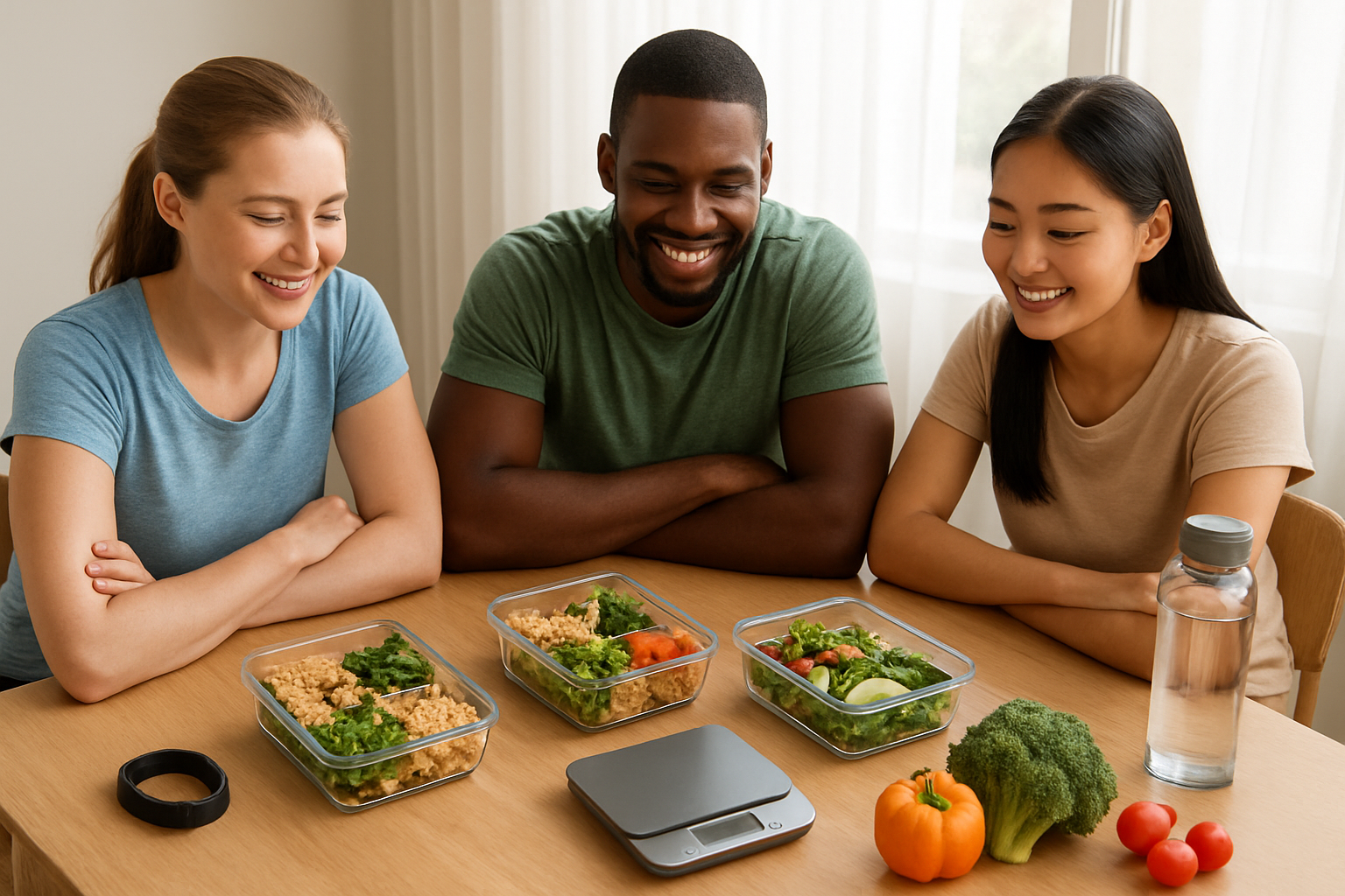 Create a realistic image of a diverse group of three people - a white female, a black male, and an Asian female - sitting around a modern wooden table with healthy meal prep containers, fresh vegetables, a digital scale, a fitness tracker, and a clean water bottle, all arranged neatly on the table surface, with soft natural lighting streaming through a large window in the background creating a bright, motivational atmosphere that conveys success and healthy lifestyle achievement, shot from a slight overhead angle to showcase the organized healthy eating setup, with the people appearing confident and satisfied while reviewing their progress, absolutely NO text should be in the scene.