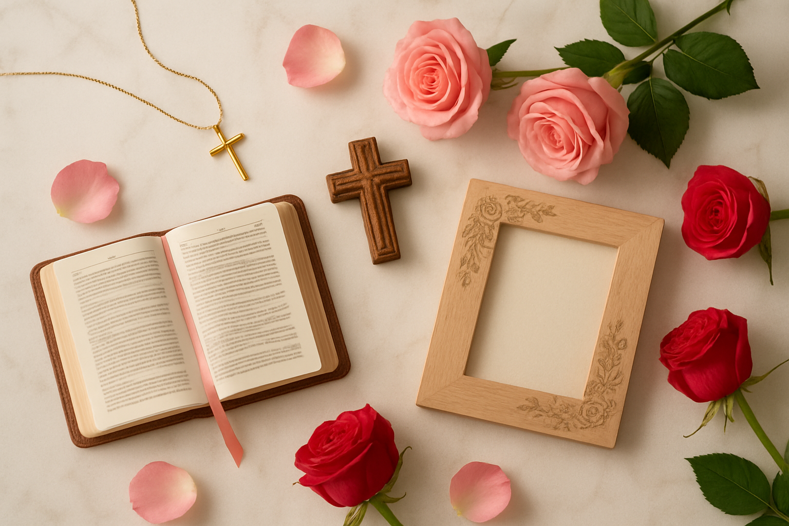 Create a realistic image of an elegant flat lay arrangement on a soft white marble surface featuring beautiful Christian Valentine gifts including a delicate gold cross necklace, an open leather-bound devotional book with pink ribbon bookmark, a small wooden carved cross home decor piece, a personalized photo frame with floral engravings, fresh pink and red roses scattered around the items, soft romantic lighting with gentle shadows, warm and loving atmosphere that conveys faith and romance combined, shot from above in a styled photography composition, absolutely NO text should be in the scene.