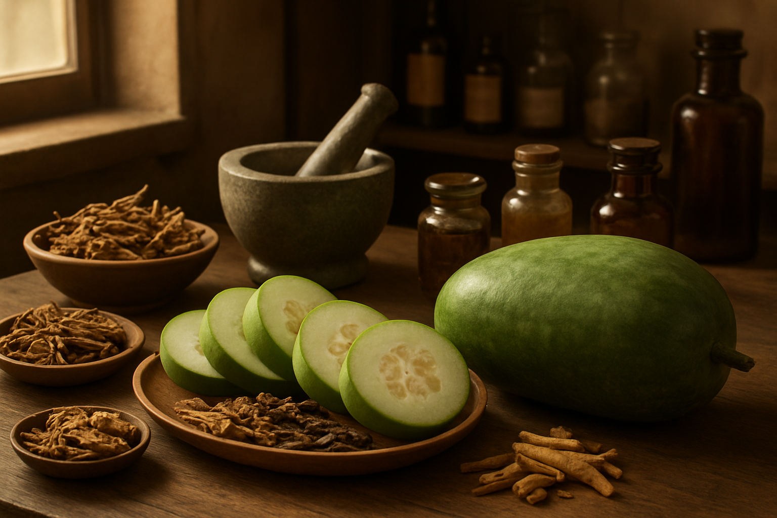 Create a realistic image of fresh winter melon slices and whole winter melon arranged on a wooden table alongside traditional medicinal herbs, dried roots, glass jars containing herbal preparations, an old mortar and pestle, and vintage medicine bottles, set in a warm traditional apothecary or kitchen environment with soft natural lighting filtering through a window, creating a peaceful and healing atmosphere that emphasizes the medicinal properties of winter melon in traditional medicine practices, absolutely NO text should be in the scene.