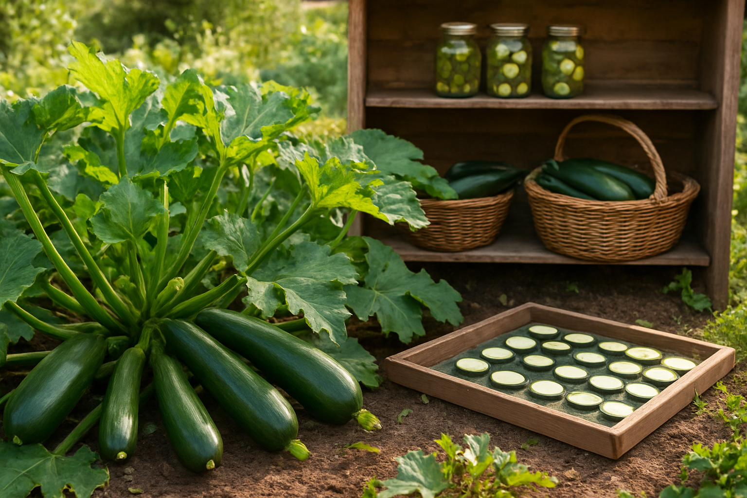 Create a realistic image of a thriving zucchini garden with mature zucchini plants showing large green leaves and multiple zucchini fruits in various stages of growth, alongside a rustic wooden storage area with wicker baskets containing freshly harvested zucchini, some zucchini preserved in glass jars on wooden shelves, and a few sliced zucchini rounds laid out for drying on a mesh tray, set in a sunny backyard garden with warm natural lighting filtering through the scene, absolutely NO text should be in the scene.