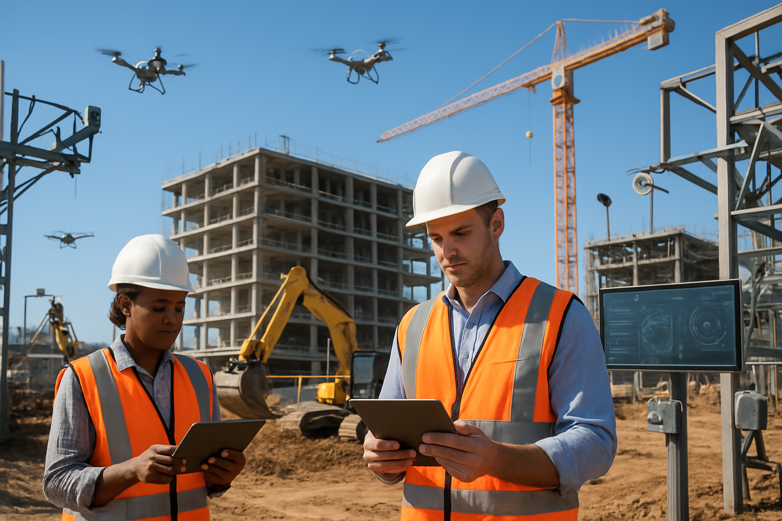 Create a realistic image of a modern construction site featuring AI-powered technology with construction workers wearing hard hats and safety vests operating tablet devices and monitoring digital displays, autonomous construction equipment like robotic excavators and drones flying overhead, smart sensors mounted on building frameworks, a partially constructed multi-story building in the background, bright daylight with clear blue sky, workers of diverse backgrounds including a white male foreman checking data on a tablet and a black female engineer reviewing digital blueprints, construction cranes equipped with IoT sensors, and various high-tech monitoring equipment integrated throughout the worksite, absolutely NO text should be in the scene.