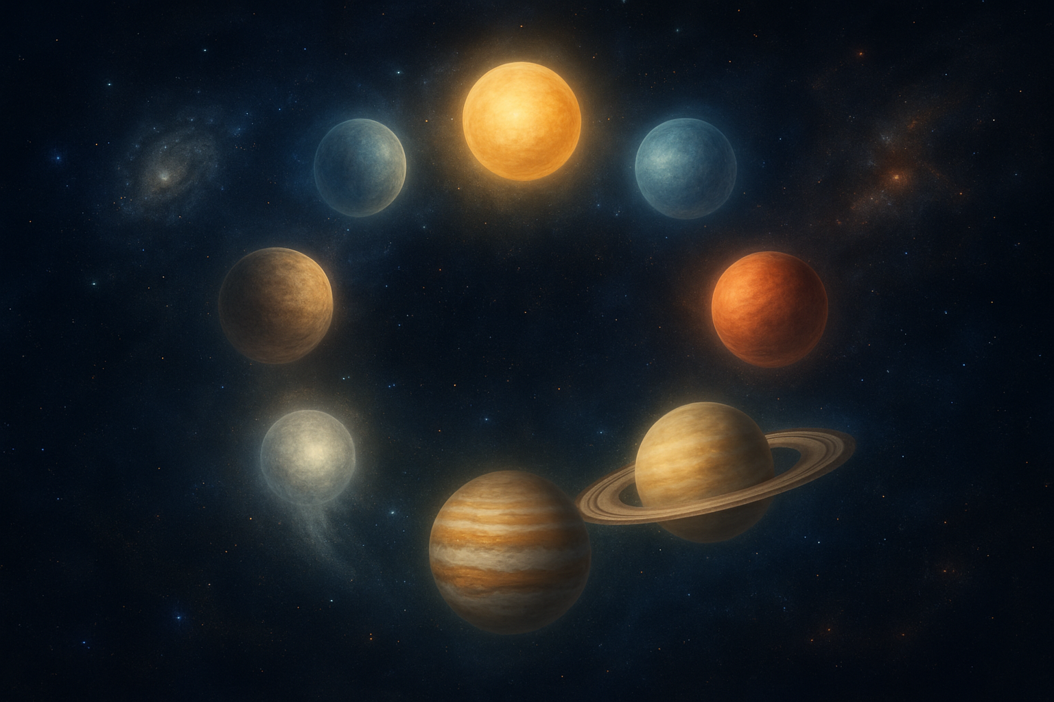 9 கிரகங்களும் கேதுவும்: அதிர்ச்சி பலன்கள் Create a realistic image of a mystical cosmic scene featuring the nine planets of Vedic astrology arranged in a circular formation against a deep starry night sky, with Saturn prominently displaying its rings, Jupiter showing its distinctive bands, and two shadow planets Rahu and Ketu represented as ethereal glowing orbs with subtle tail-like formations, all planets emanating soft colored auras (golden, silver, red, blue, green) that blend harmoniously in the cosmic backdrop, with distant galaxies and nebulae visible in the background creating a sense of infinite cosmic wisdom and spiritual energy, the overall mood should be mystical and enlightening with gentle celestial lighting illuminating the planetary arrangement, absolutely NO text should be in the scene.