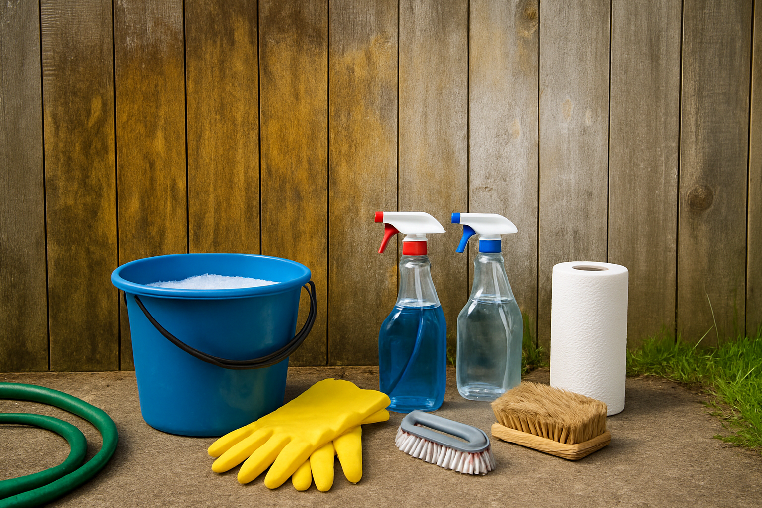Create a realistic image of cleaning supplies and tools arranged near a stained fence or wall area, including spray bottles with cleaning solutions, scrub brushes, rubber gloves, paper towels, a bucket with soapy water, and a garden hose, with visible yellow staining on the wooden fence or concrete wall surface, set in a backyard environment with natural daylight, showing the cleaning process in progress with some areas partially cleaned to demonstrate before and after results, absolutely NO text should be in the scene.