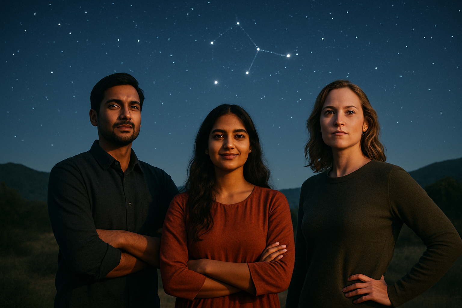 Create a realistic image of a diverse group of three people - one South Asian male, one South Asian female, and one white female - standing together in a serene outdoor setting under a starlit night sky, each person displaying confident and unique body language that reflects distinct personality traits, with the constellation of stars prominently visible above them, soft moonlight illuminating their faces showing expressions of wisdom and determination, surrounded by a peaceful landscape with gentle hills in the background, warm ambient lighting creating a mystical yet grounding atmosphere, absolutely NO text should be in the scene.