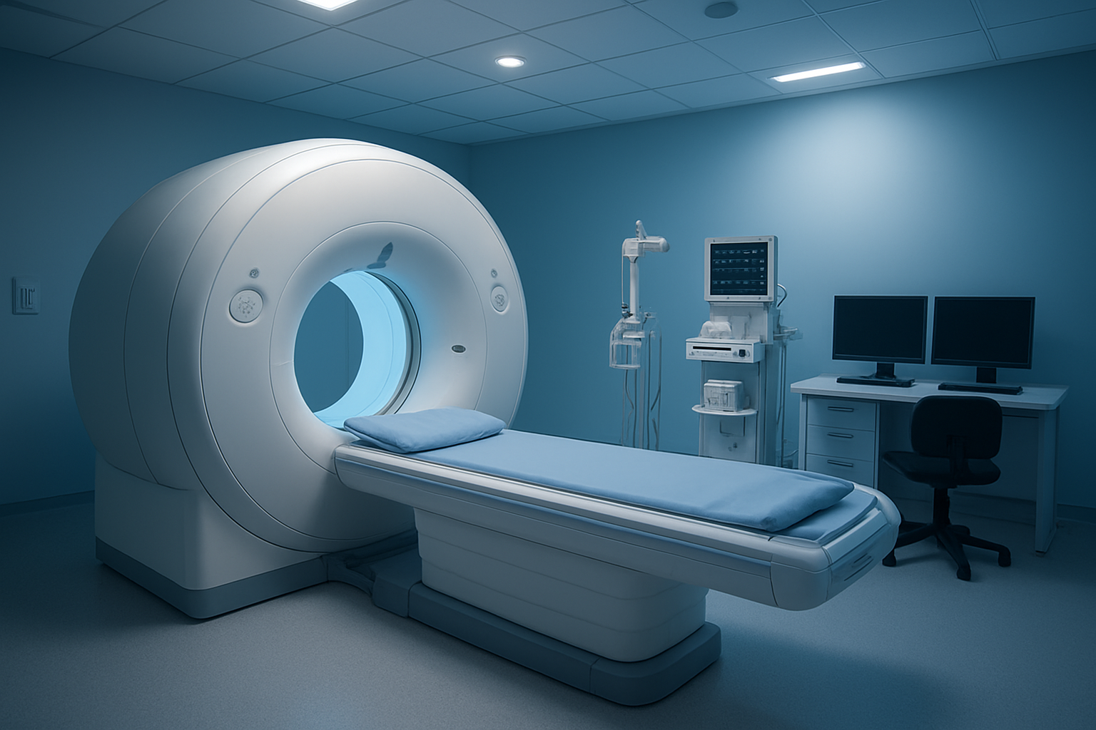 Create a realistic image of a modern medical imaging facility showing a PET CT scanner machine in a clean, well-lit examination room with soft blue and white lighting, featuring a comfortable patient bed positioned in front of the large circular scanner opening, with medical monitoring equipment and computers visible in the background, creating a professional healthcare environment that conveys advanced medical technology and patient care, with calm and reassuring atmosphere suggesting successful medical diagnosis and treatment planning, absolutely NO text should be in the scene.