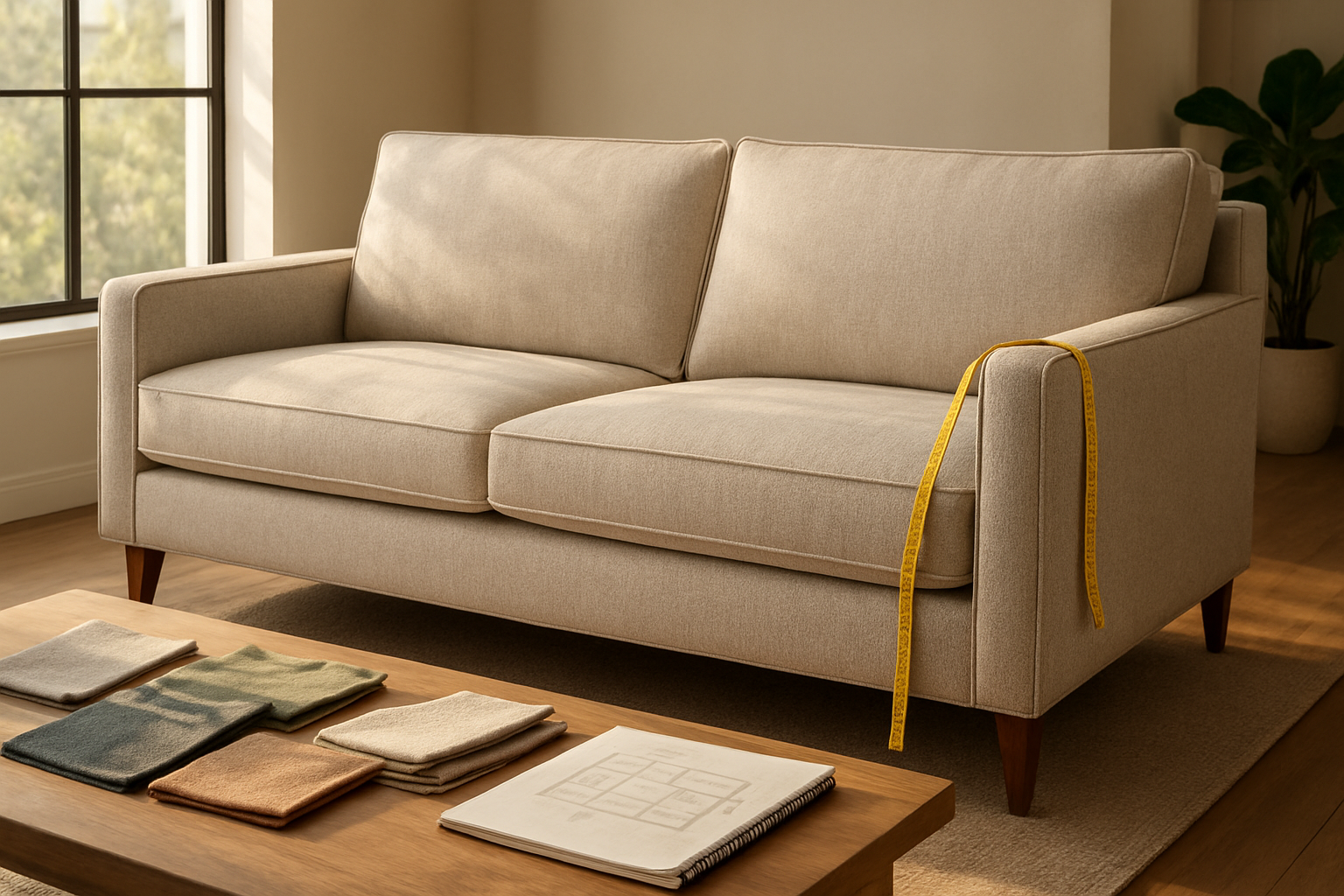 Create a realistic image of a beautifully crafted custom sofa in a modern living room setting, showcasing perfect proportions and measurements, with a measuring tape draped over one arm of the sofa, fabric samples scattered on a nearby coffee table, and a notebook with sketches visible, warm natural lighting streaming through large windows creating a welcoming atmosphere that emphasizes the craftsmanship and attention to detail in custom furniture making, absolutely NO text should be in the scene.