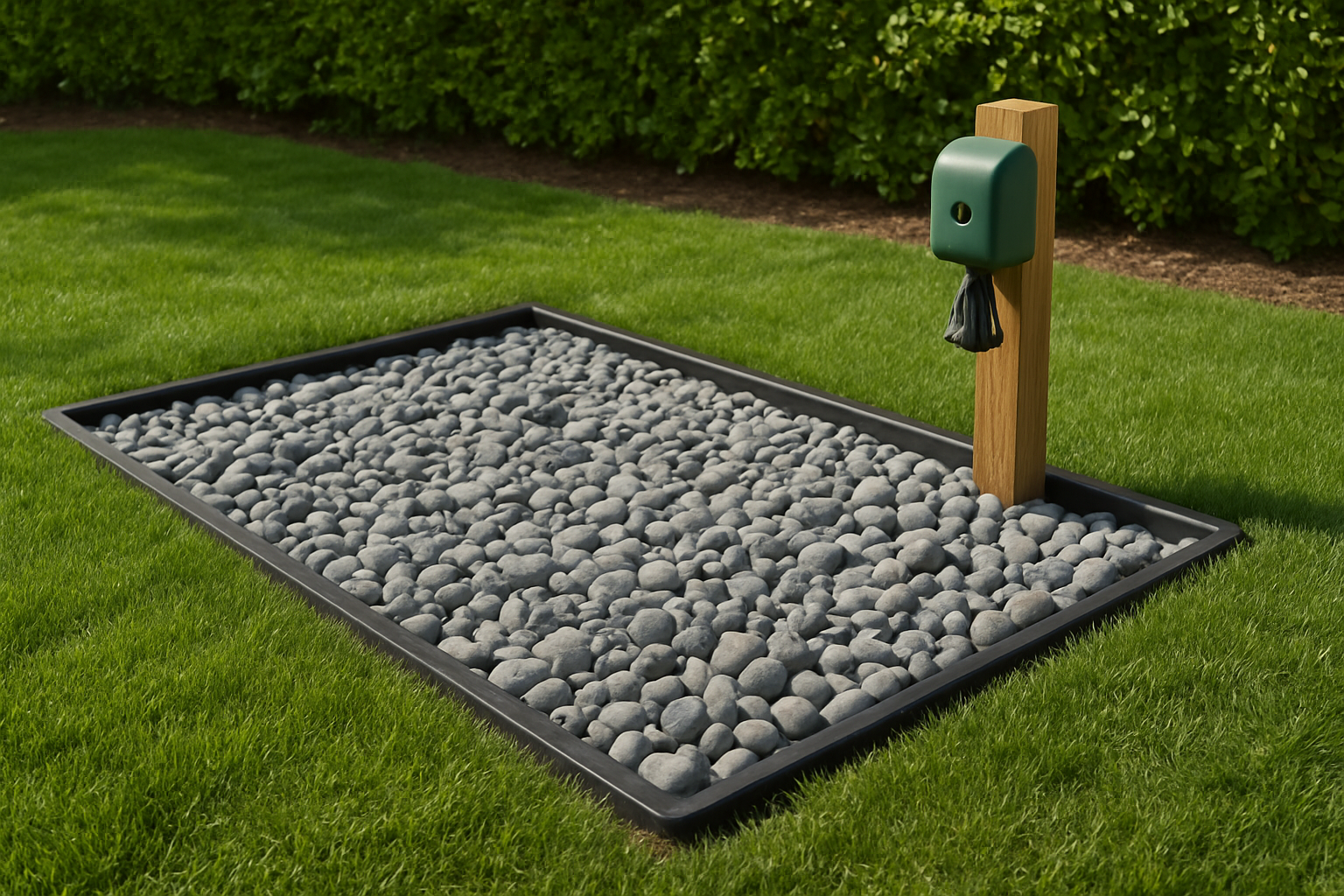 Create a realistic image of a well-maintained backyard dog potty area featuring a rectangular section filled with smooth gray gravel and decorative stones, bordered by landscape edging, surrounded by green grass, with a small waste bag dispenser mounted on a wooden post nearby, under natural daylight with soft shadows, showing a clean and organized outdoor pet relief station that demonstrates easy maintenance benefits. Absolutely NO text should be in the scene.