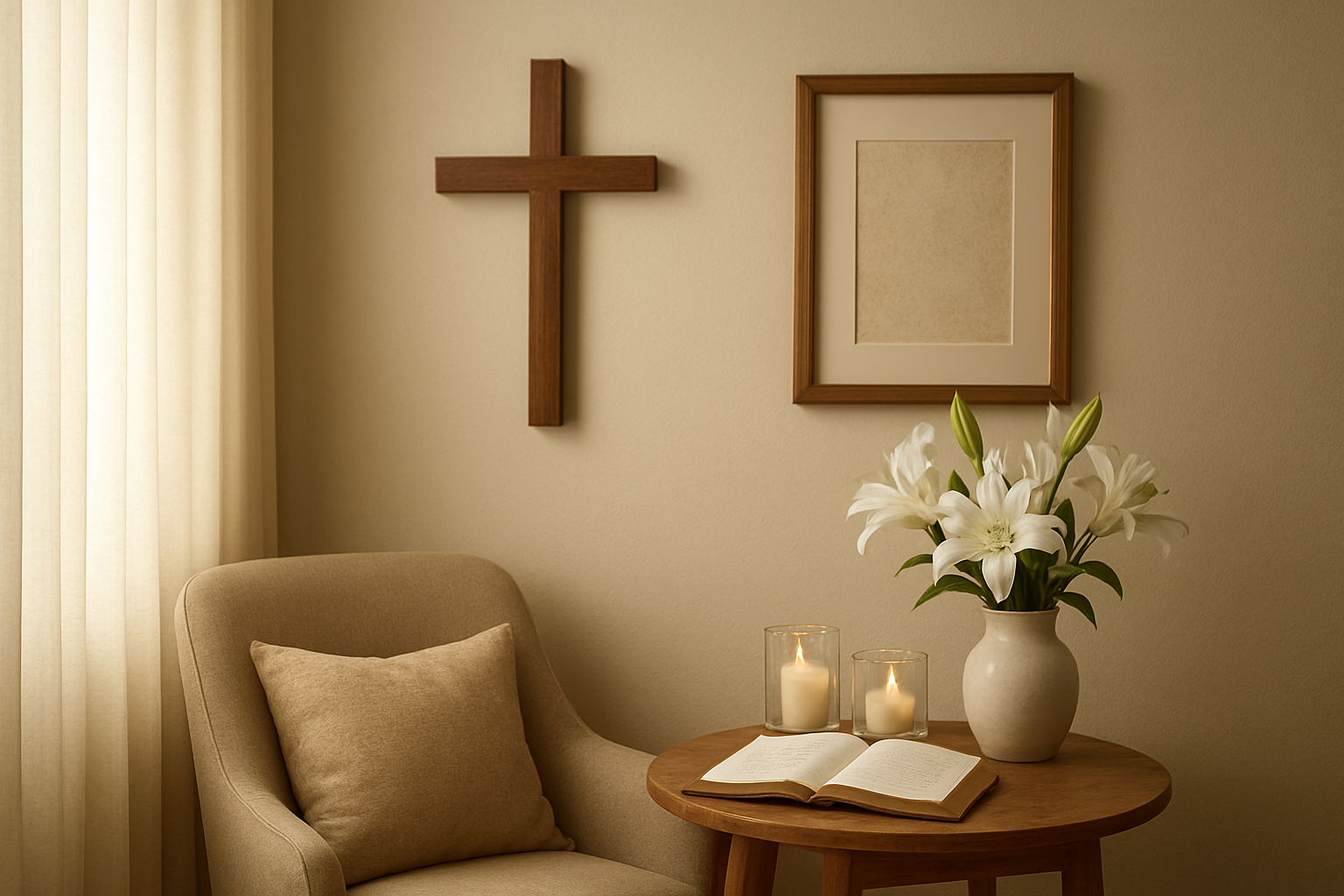 Create a realistic image of a serene home interior showcasing Christian home decor items arranged to create a sacred space, featuring a wooden cross mounted on a soft cream-colored wall, a small prayer corner with a cushioned chair, a side table displaying an open Bible, decorative candles in glass holders, a framed scripture verse artwork, fresh white lilies in a ceramic vase, and soft natural lighting streaming through sheer curtains, creating a peaceful and devotional atmosphere with warm earth tones and gentle shadows, absolutely NO text should be in the scene.
