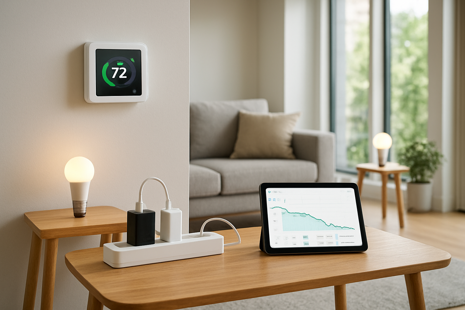 Create a realistic image of a modern living room showcasing various smart home devices including a digital thermostat on the wall displaying energy savings, smart LED light bulbs, a smart power strip with multiple devices plugged in, and a tablet on a coffee table showing a home energy management app with decreasing utility bill graphs, all set in a contemporary home interior with natural lighting streaming through large windows, emphasizing the sleek and efficient technology that reduces energy consumption, absolutely NO text should be in the scene.