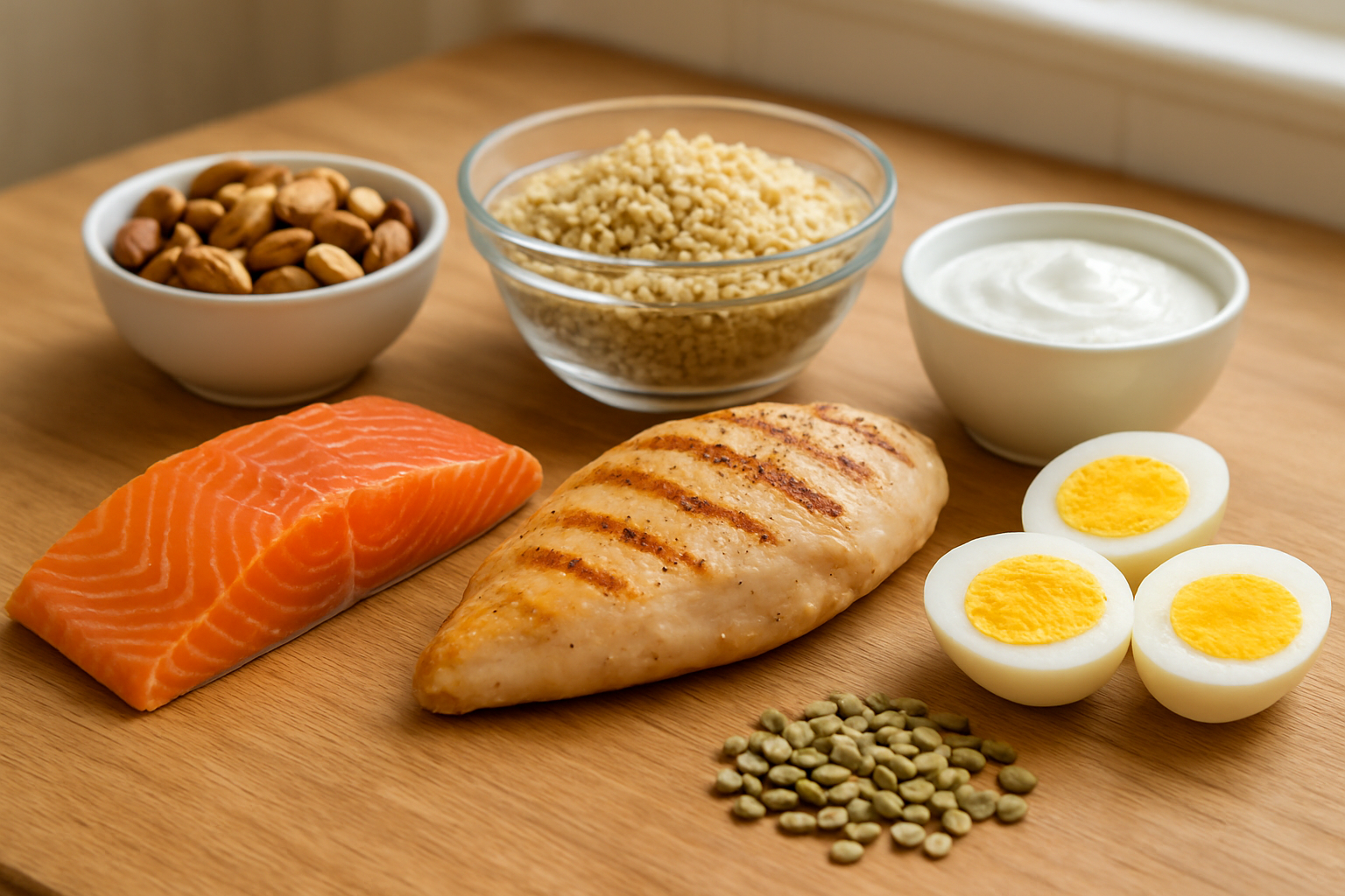 Create a realistic image of a clean wooden kitchen counter displaying an array of high-quality protein sources including fresh salmon fillet, grilled chicken breast, quinoa in a glass bowl, mixed nuts, Greek yogurt in a small bowl, hard-boiled eggs cut in half, and green lentils scattered nearby, with natural window lighting creating a bright and healthy atmosphere, shot from a slightly elevated angle to showcase the variety of proteins, absolutely NO text should be in the scene.