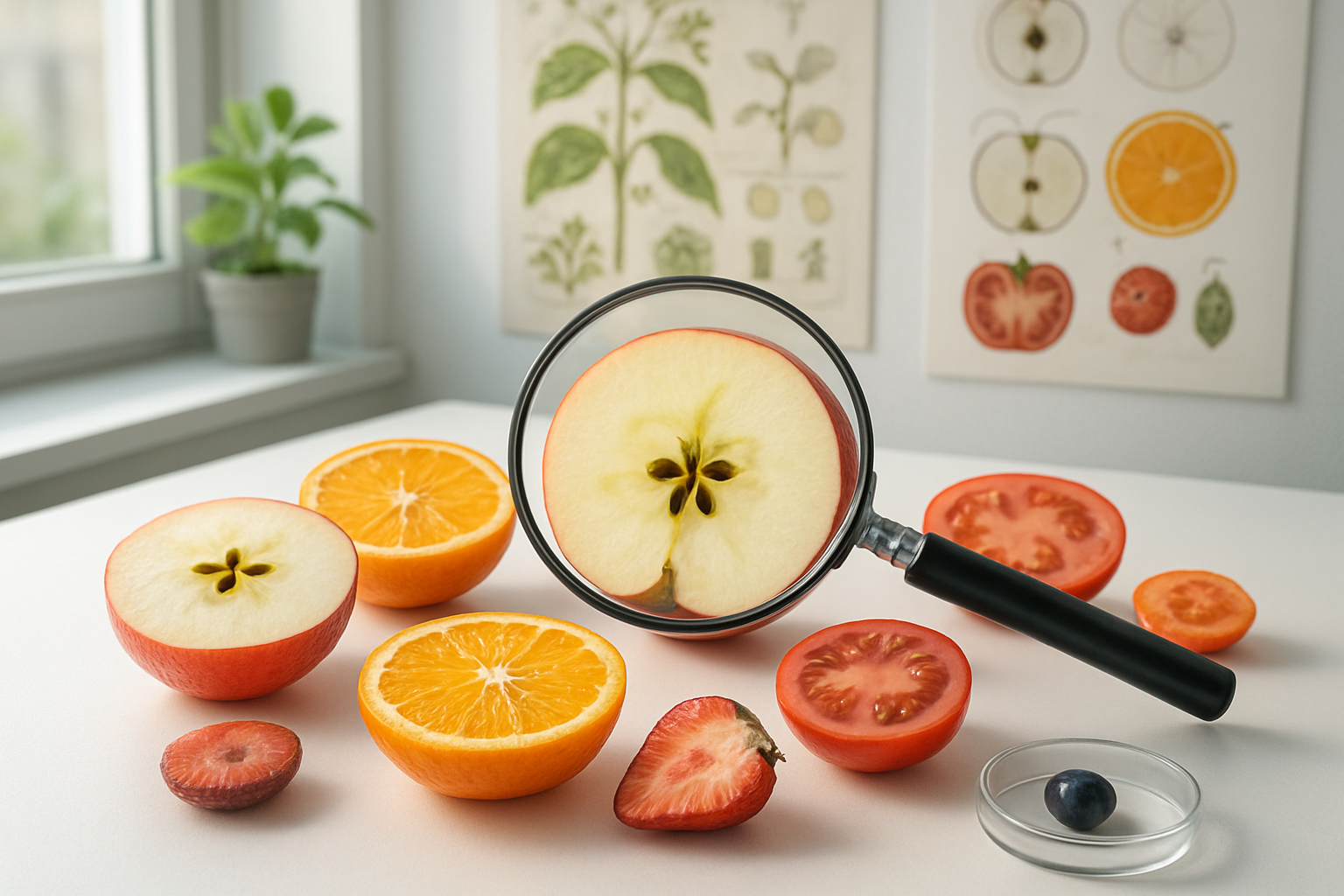 Create a realistic image of a scientific botanical display featuring cross-sections of various fruits including apples, oranges, tomatoes, and berries arranged on a clean white laboratory table, with a magnifying glass positioned over a sliced apple showing seeds and internal structure, botanical classification charts visible in the background, bright natural lighting from a window, professional scientific atmosphere with subtle green plant elements, detailed fruit anatomy clearly visible. Absolutely NO text should be in the scene.