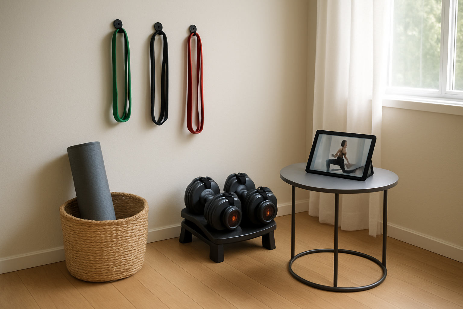Create a realistic image of a modern home gym setup in a bright, clean living space with compact, easily accessible fitness equipment like resistance bands hanging on wall hooks, a yoga mat rolled up in a corner basket, adjustable dumbbells neatly stored on a small rack, and a fitness app open on a tablet placed on a sleek side table, with soft natural lighting streaming through a nearby window creating an inviting and organized atmosphere that emphasizes accessibility and convenience, absolutely NO text should be in the scene.