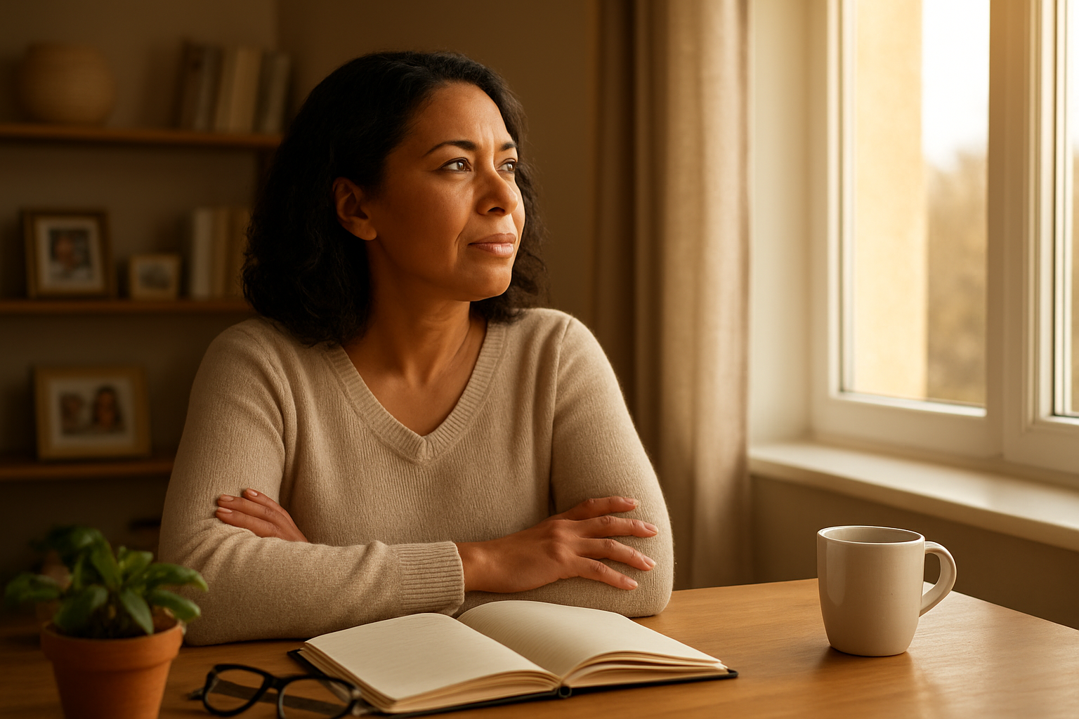 Create a realistic image of a confident middle-aged woman of mixed ethnicity sitting in a comfortable, well-lit home office space, looking thoughtfully out a large window with natural sunlight streaming in, surrounded by elements representing personal growth including an open journal, a small potted plant, reading glasses on a wooden desk, family photos in the background, and a cup of tea, with warm golden lighting creating a peaceful and empowering atmosphere that conveys wisdom, self-reflection, and personal development, absolutely NO text should be in the scene.