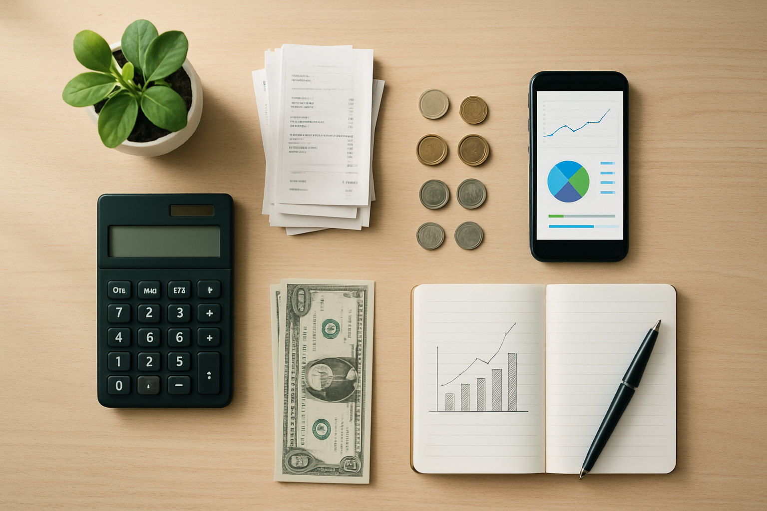 Create a realistic image of a clean, organized desk from above showing a balanced financial scene with a calculator, neatly arranged receipts and bills, a smartphone displaying a financial app, coins and paper money arranged in small organized piles, a notebook with simple charts and graphs sketched out, a pen, and a small potted plant in the corner, all arranged on a light wooden surface with soft natural lighting creating gentle shadows, conveying a sense of financial organization and control, absolutely NO text should be in the scene.