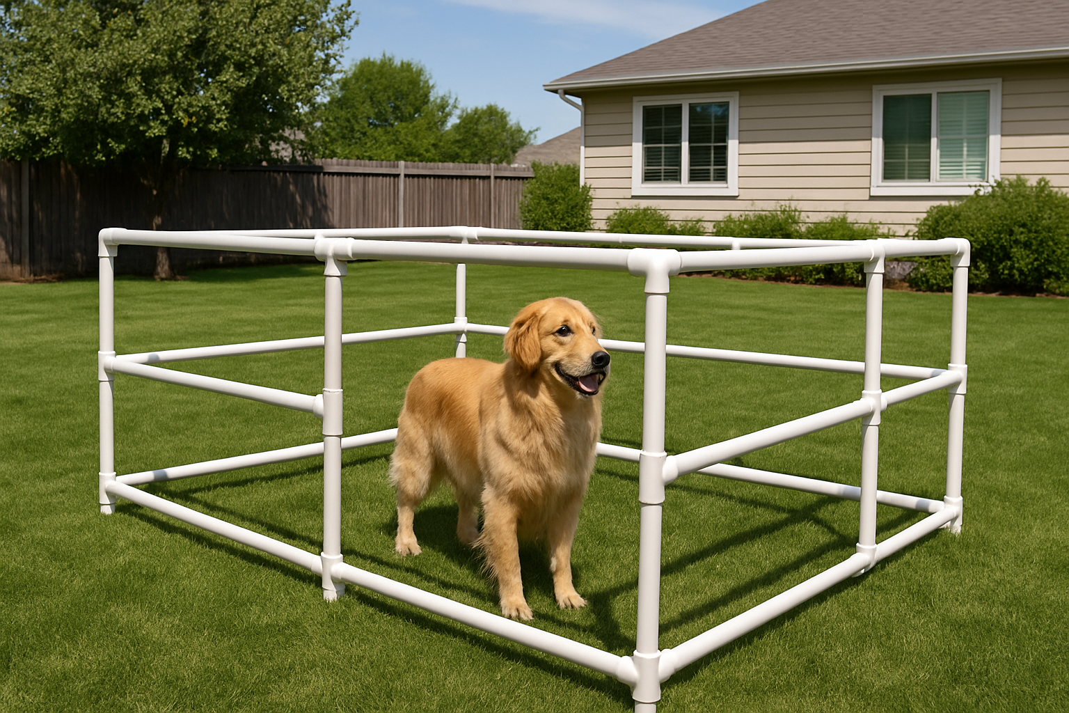 Create a realistic image of a white PVC pipe dog fence system installed in a residential backyard, showing white PVC pipes connected with elbow joints and T-connectors forming a clean rectangular perimeter fence around a grassy area, with a medium-sized golden retriever dog standing safely inside the fenced area, green lawn and suburban house visible in the background, bright natural daylight, clear blue sky, the fence appearing sturdy yet affordable and DIY-friendly, absolutely NO text should be in the scene.