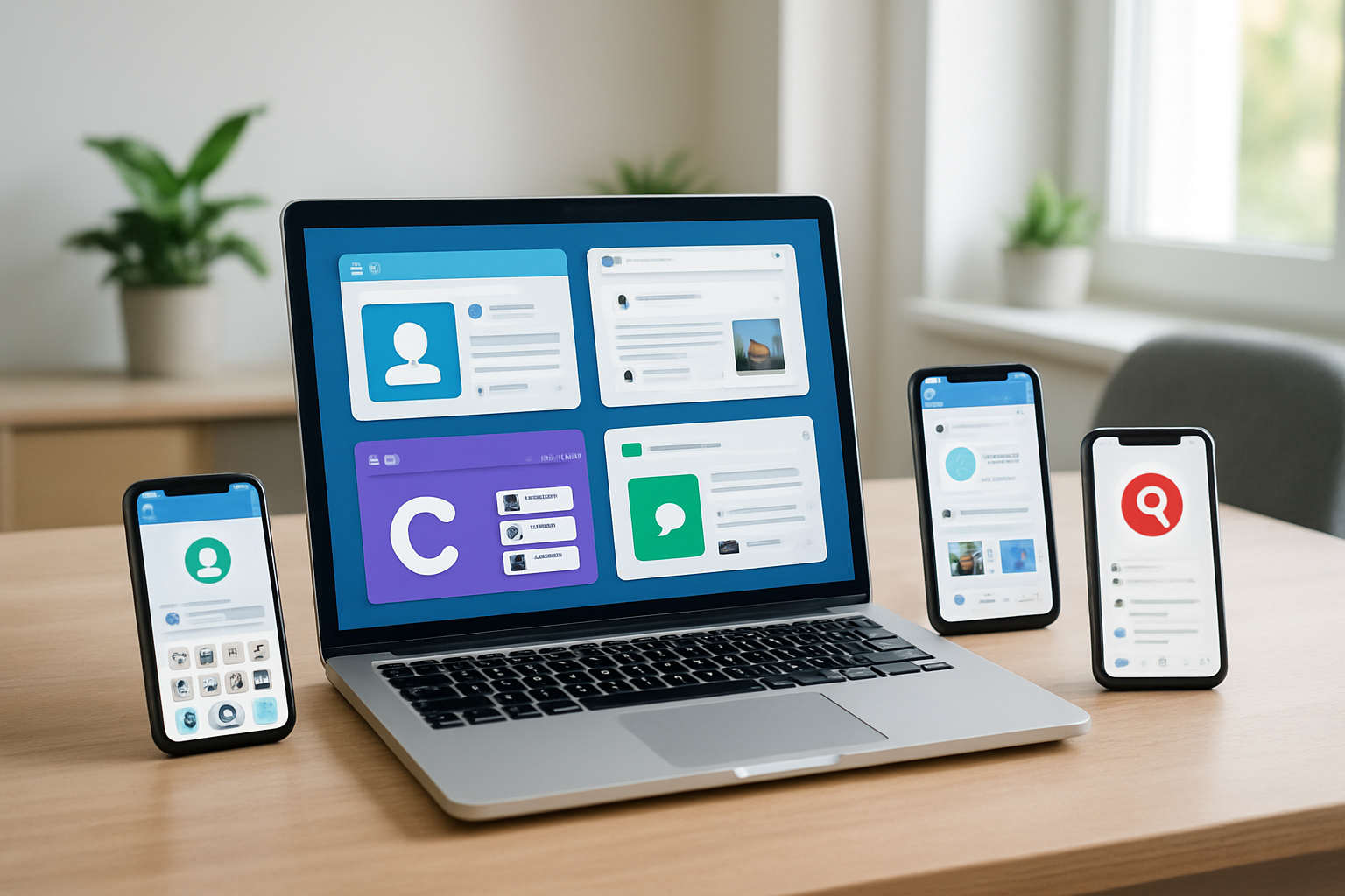 Create a realistic image of a modern workspace showing multiple digital platform options for community building, featuring a clean desk with an open laptop displaying various social media and community platform interfaces on the screen, surrounded by mobile devices showing different app layouts, with platform logos and interface elements visible on the screens, set in a bright, professional home office environment with natural lighting from a window, plants in the background, and a comfortable chair, conveying a sense of choice and digital connectivity for online community setup, absolutely NO text should be in the scene.