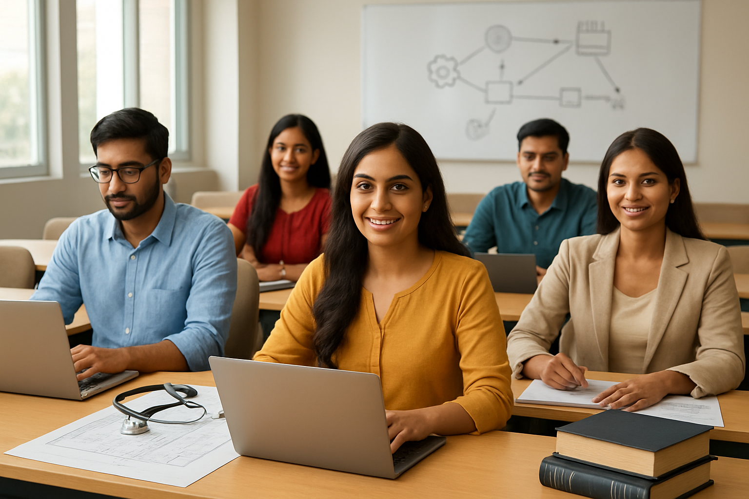 Create a realistic image of a modern classroom or lecture hall setting with diverse Indian students (mix of male and female, various ethnicities) sitting at desks with laptops and notebooks, focusing on popular career-oriented subjects like engineering blueprints, medical stethoscope, computer coding symbols, business charts, and law books scattered on desks, bright natural lighting from large windows, professional academic atmosphere with a whiteboard showing career pathway diagrams in the background, students appearing engaged and confident, warm and optimistic mood suggesting promising future opportunities, absolutely NO text should be in the scene.