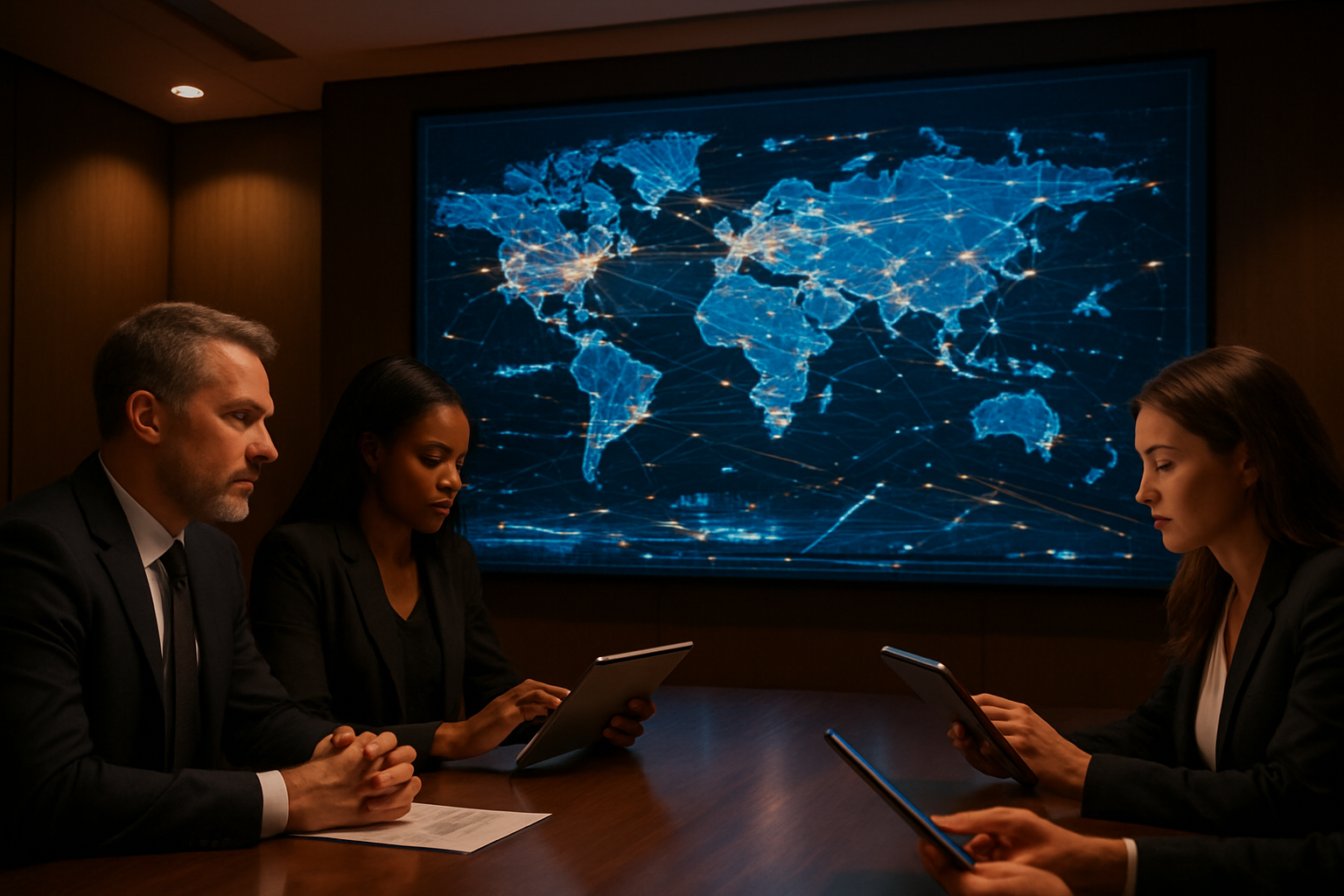 Create a realistic image of a modern corporate boardroom with a large wall-mounted digital display showing an interconnected global supply chain network with flowing data streams, nodes, and transportation routes, while a diverse group of business professionals including a white male executive, black female analyst, and Asian male logistics manager are reviewing AI-generated charts and graphs on tablets around a sleek conference table, with warm professional lighting illuminating the sophisticated technology-driven environment, conveying success and transformation through the integration of artificial intelligence in supply chain operations, absolutely NO text should be in the scene.