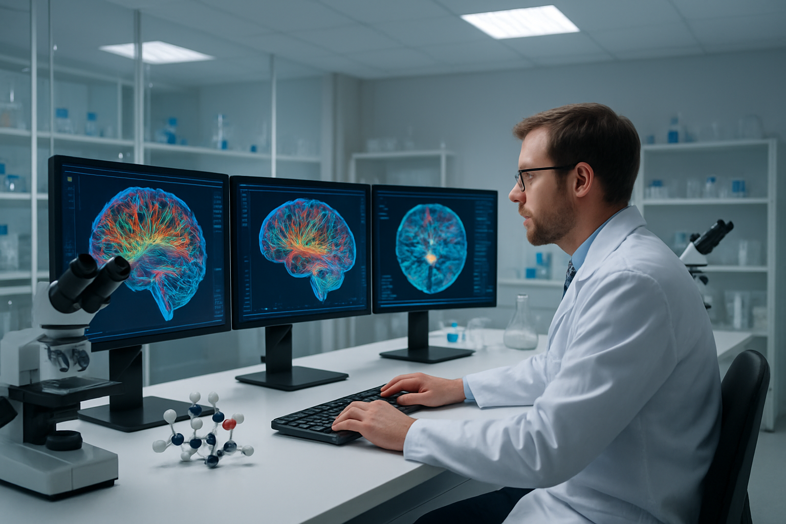 Create a realistic image of a modern neuroscience laboratory with a white male scientist in a lab coat examining brain scan images on multiple computer monitors, showing colorful neural pathway visualizations and brain imaging data, with scientific research equipment including microscopes and molecular models on clean white laboratory benches, under bright fluorescent lighting, conveying a professional medical research environment focused on neurological studies, absolutely NO text should be in the scene.