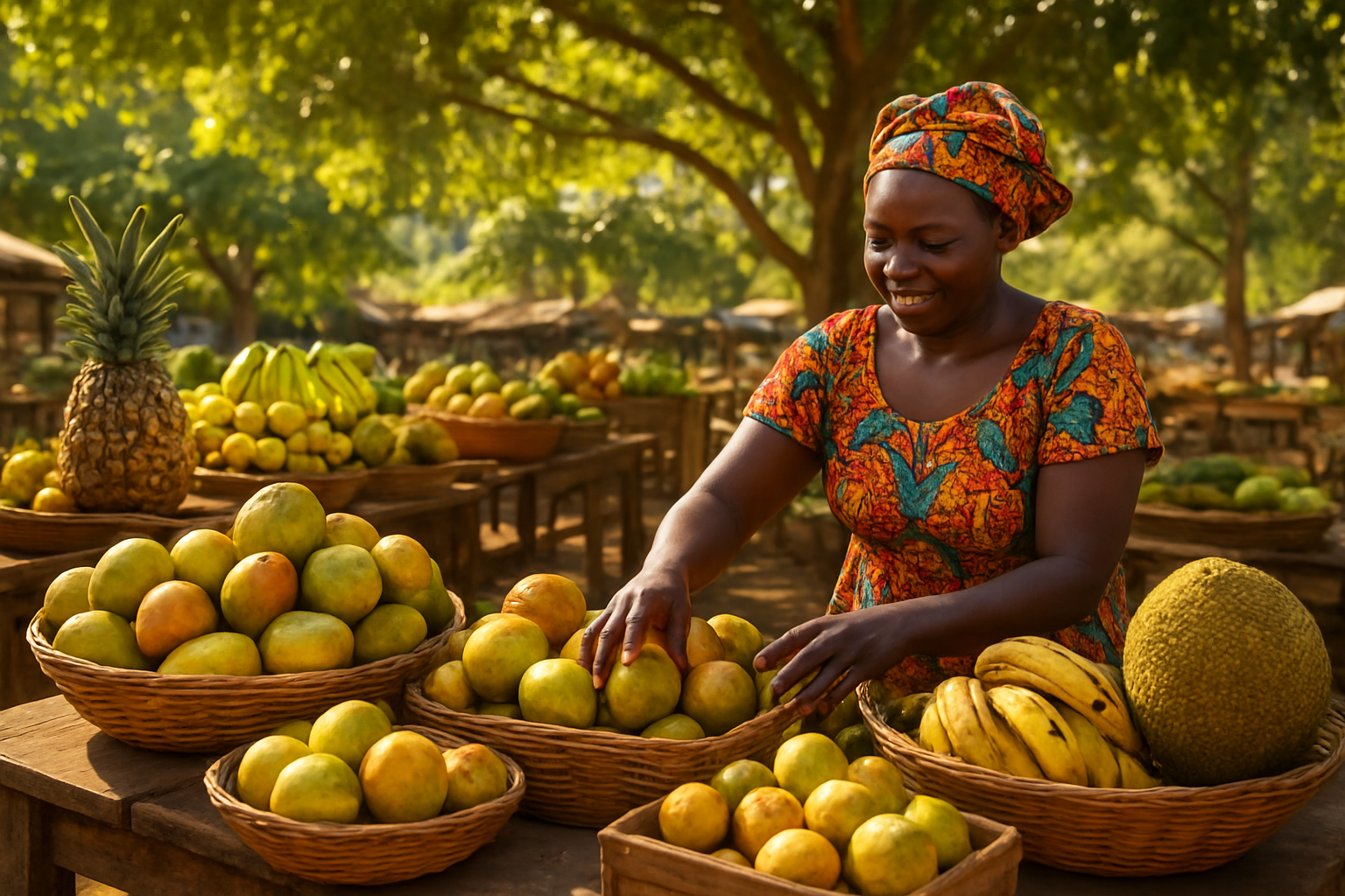 Create a realistic image of a vibrant outdoor farmers market scene in Uganda with wooden tables displaying an abundant variety of colorful seasonal tropical fruits including mangoes, pineapples, passion fruits, jackfruits, and bananas arranged in woven baskets and wooden crates, with a black female vendor in traditional colorful clothing organizing the fresh produce, set against a backdrop of lush green trees under warm golden sunlight filtering through the canopy, creating a welcoming atmosphere that showcases the rich diversity of Uganda's seasonal fruit harvest, absolutely NO text should be in the scene.