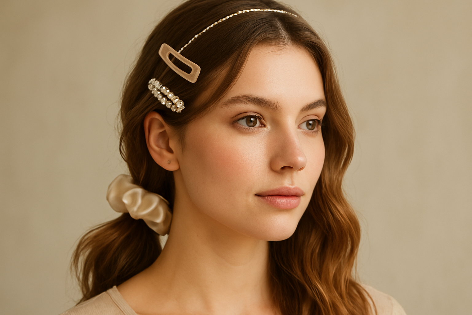 Create a realistic image of a young white female model wearing multiple affordable hair accessories including a delicate headband, decorative hair clips, and a silk scrunchie, with her hair styled in loose waves that beautifully frame her face, shot against a soft neutral background with natural lighting that highlights how the accessories complement her facial features, close-up portrait style focusing on her head and shoulders, warm and elegant mood, absolutely NO text should be in the scene.