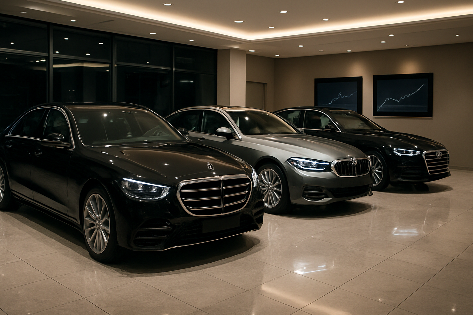 Create a realistic image of luxury cars displayed in an upscale automotive showroom with elegant lighting, featuring premium vehicles like Mercedes-Benz, BMW, and Audi positioned on polished marble floors, with subtle price tags and value charts visible on digital displays in the background, professional indoor lighting creating reflections on the car surfaces, clean modern showroom environment with glass windows, conveying the concept of high-end automotive investment and value retention, absolutely NO text should be in the scene.