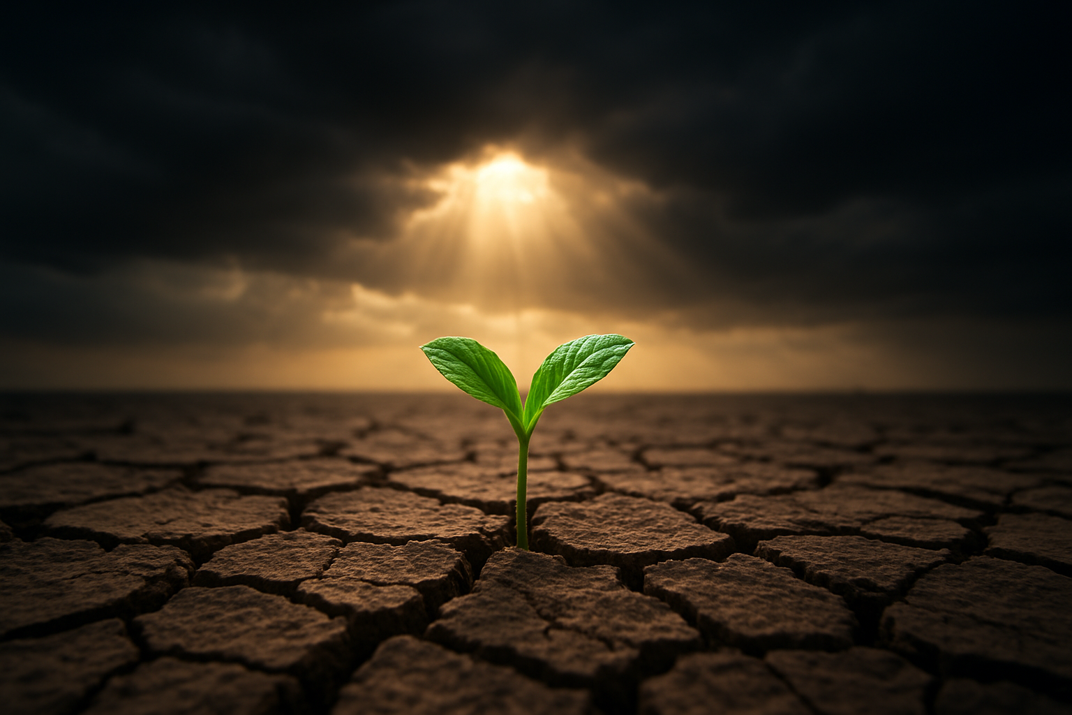 Create a realistic image of a small green plant or seedling growing through cracked, dry earth in the foreground, with soft golden sunlight breaking through dark storm clouds in the background, creating dramatic rays of light that illuminate the tender plant, symbolizing hope emerging from difficult circumstances, with a moody atmosphere that transitions from darkness to light, dewdrops on the plant's leaves catching the sunlight, and the overall scene conveying resilience and new beginnings during challenging times, absolutely NO text should be in the scene.