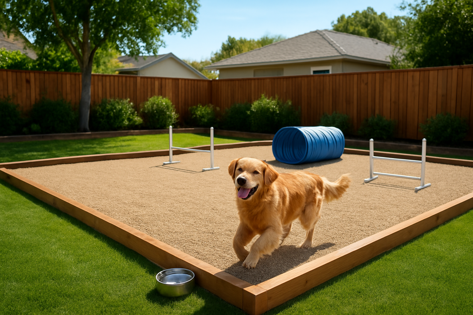 Create a realistic image of a well-maintained backyard showing a designated dog exercise area with artificial turf or gravel flooring, wooden border edging separating it from the main grass lawn, a few agility equipment pieces like small jumps and tunnels, a water bowl station, and a happy golden retriever playing in the space, with a neat residential yard and fence in the background, bright natural daylight, clean and organized outdoor setting. Absolutely NO text should be in the scene.