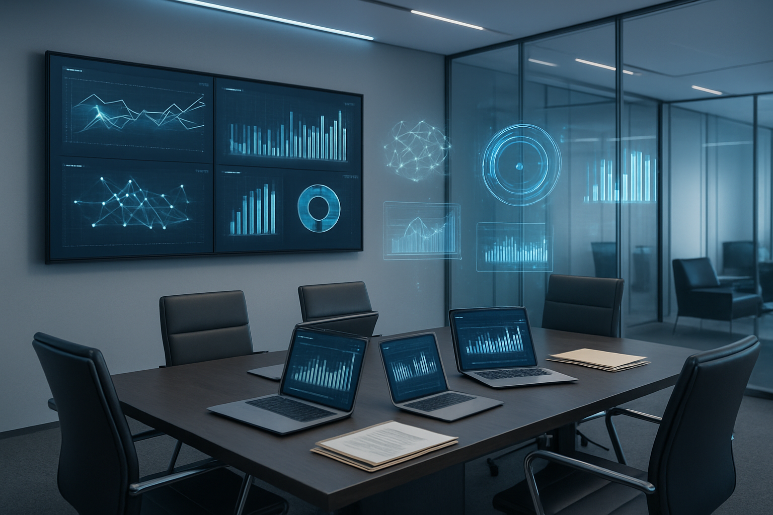 Create a realistic image of a modern law firm office with a large digital dashboard displaying AI-powered risk analytics charts and graphs on wall-mounted screens, a sleek conference table with laptops showing legal data visualizations, sophisticated AI interface elements like neural network diagrams and predictive risk assessment meters floating holographically above the table, professional legal documents and folders organized on the table, contemporary office furniture with glass walls, soft blue and white LED lighting creating a high-tech atmosphere, clean minimalist design with metallic accents, absolutely NO text should be in the scene.