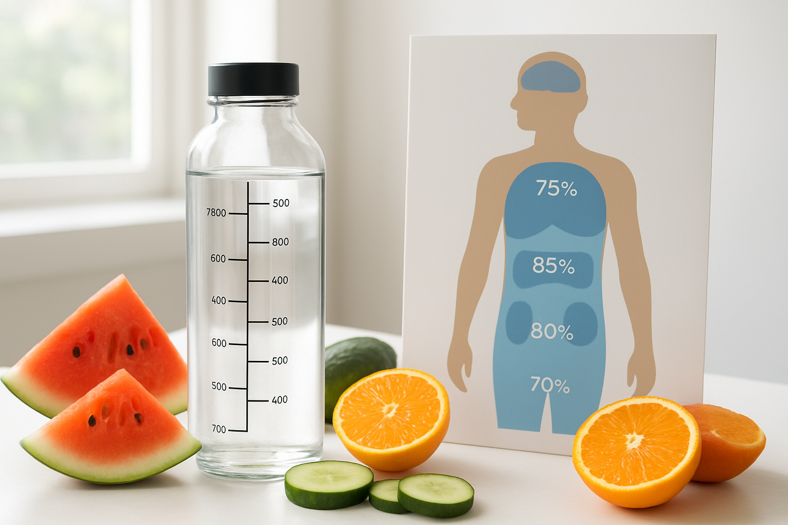 Create a realistic image of a clear glass water bottle with measurement markings alongside a human silhouette diagram showing water percentage in different body organs, surrounded by fresh fruits and vegetables with high water content like watermelon slices, cucumbers, and oranges, set on a clean white medical or laboratory table with soft natural lighting from a window, creating an educational and health-focused atmosphere that emphasizes hydration science and daily water intake requirements, absolutely NO text should be in the scene.