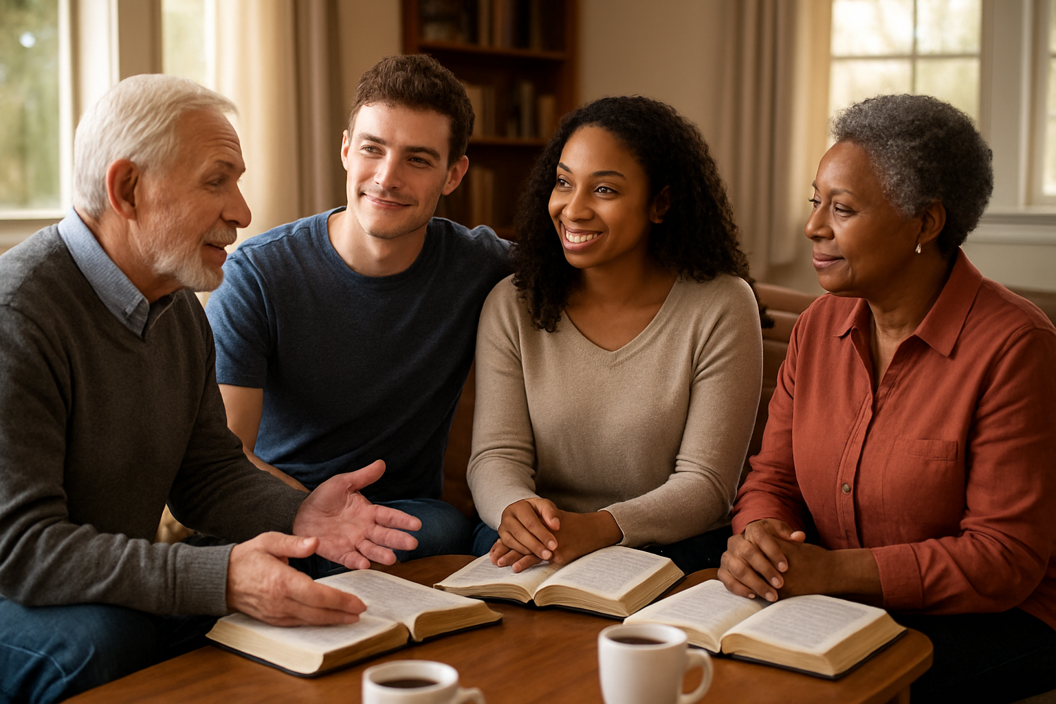 Create a realistic image of a diverse group of people sitting in a comfortable church fellowship hall or living room setting, with a white male and black female young couple sitting together while receiving advice from an older white male pastor or mentor and a mature black female church leader, everyone engaged in warm conversation around a wooden table with open Bibles and coffee cups, soft natural lighting streaming through windows, peaceful and supportive atmosphere with wooden chairs and bookshelves in the background, absolutely NO text should be in the scene.