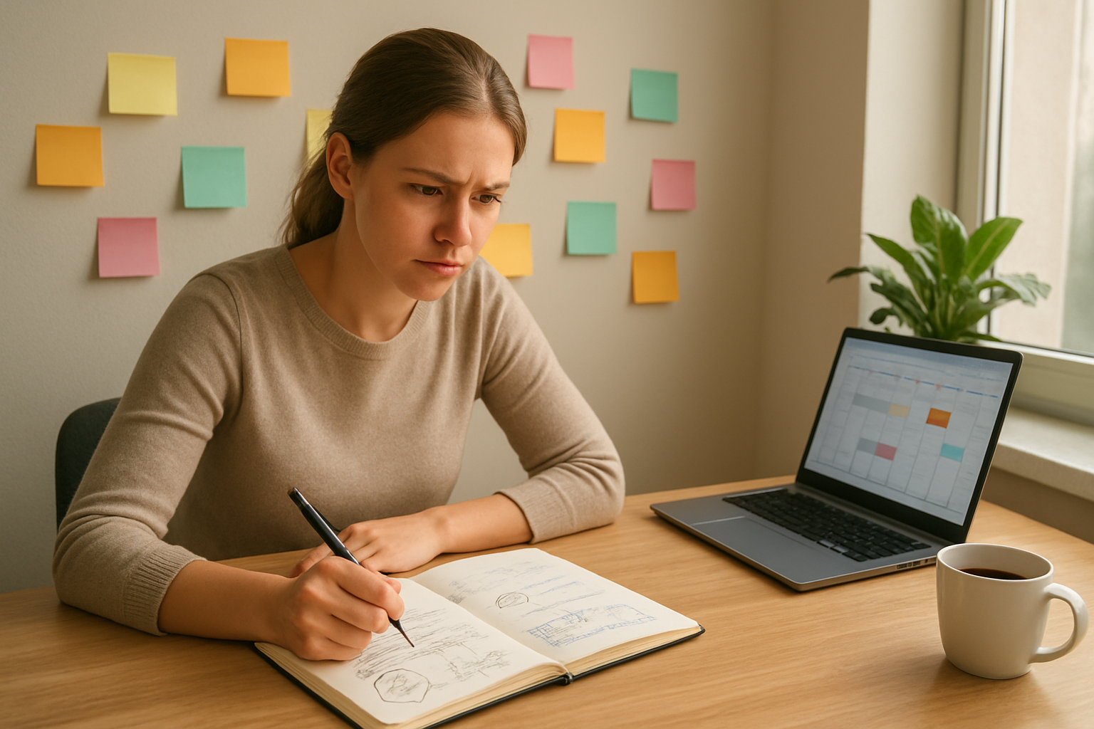 Create a realistic image of a determined white female sitting at a clean wooden desk with an open notebook showing hand-drawn charts, graphs, and bullet points, surrounded by colorful sticky notes on the wall behind her, a laptop displaying a digital calendar, a pen in her hand, soft natural lighting from a nearby window creating a focused and organized atmosphere, with a potted plant and coffee cup on the desk adding warmth to the productive workspace scene, absolutely NO text should be in the scene.