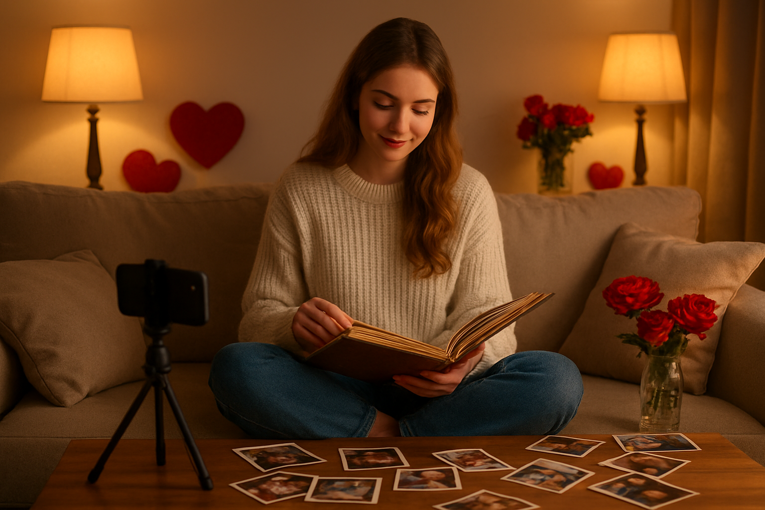 Create a realistic image of a cozy living room setting with a young white female sitting cross-legged on a plush sofa, holding vintage photo albums and scattered printed photographs around her, with soft romantic lighting from table lamps creating warm golden tones, red heart-shaped decorations and roses visible on nearby surfaces, a smartphone on a tripod positioned to record her as she shares memories, creating an intimate storytelling atmosphere perfect for Valentine's Day content creation, absolutely NO text should be in the scene.