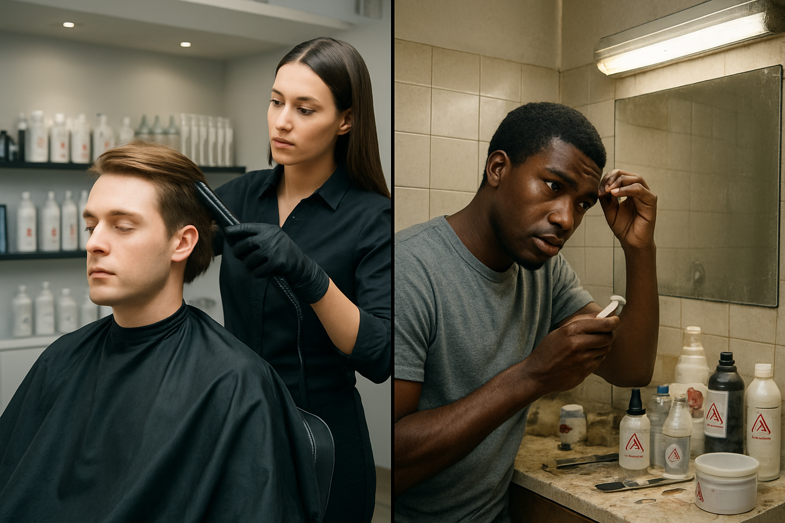 Create a realistic image of a split-screen composition showing two contrasting hair treatment scenarios: on the left side, a professional salon setting with a white male client sitting in a modern salon chair while a female stylist in professional attire applies hair straightening treatment using professional equipment and tools, with clean modern lighting and organized chemical products on shelves; on the right side, a cramped bathroom setting with a black male attempting to apply hair straightening treatment himself using basic drugstore products scattered messily on a counter, with harsh fluorescent lighting creating shadows and an overall cluttered, unsafe-looking environment, both scenes should convey a sense of hidden risks and potential dangers through subtle visual cues like warning symbols on product bottles and concerned facial expressions, absolutely NO text should be in the scene.