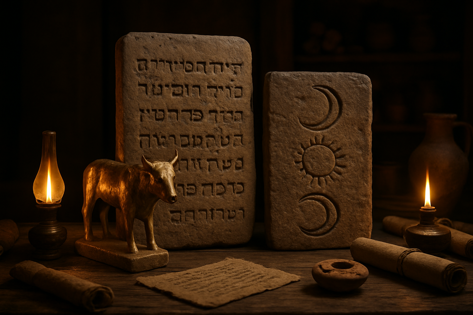 Create a realistic image of ancient stone tablets with Hebrew inscriptions alongside carved pagan symbols including a golden calf idol, crescent moon emblems, and sun disc motifs, set on a weathered wooden table in a dimly lit scholarly study with ancient scrolls and archaeological artifacts scattered around, warm amber lighting from oil lamps creating mysterious shadows that blend biblical and pagan iconography together, absolutely NO text should be in the scene.