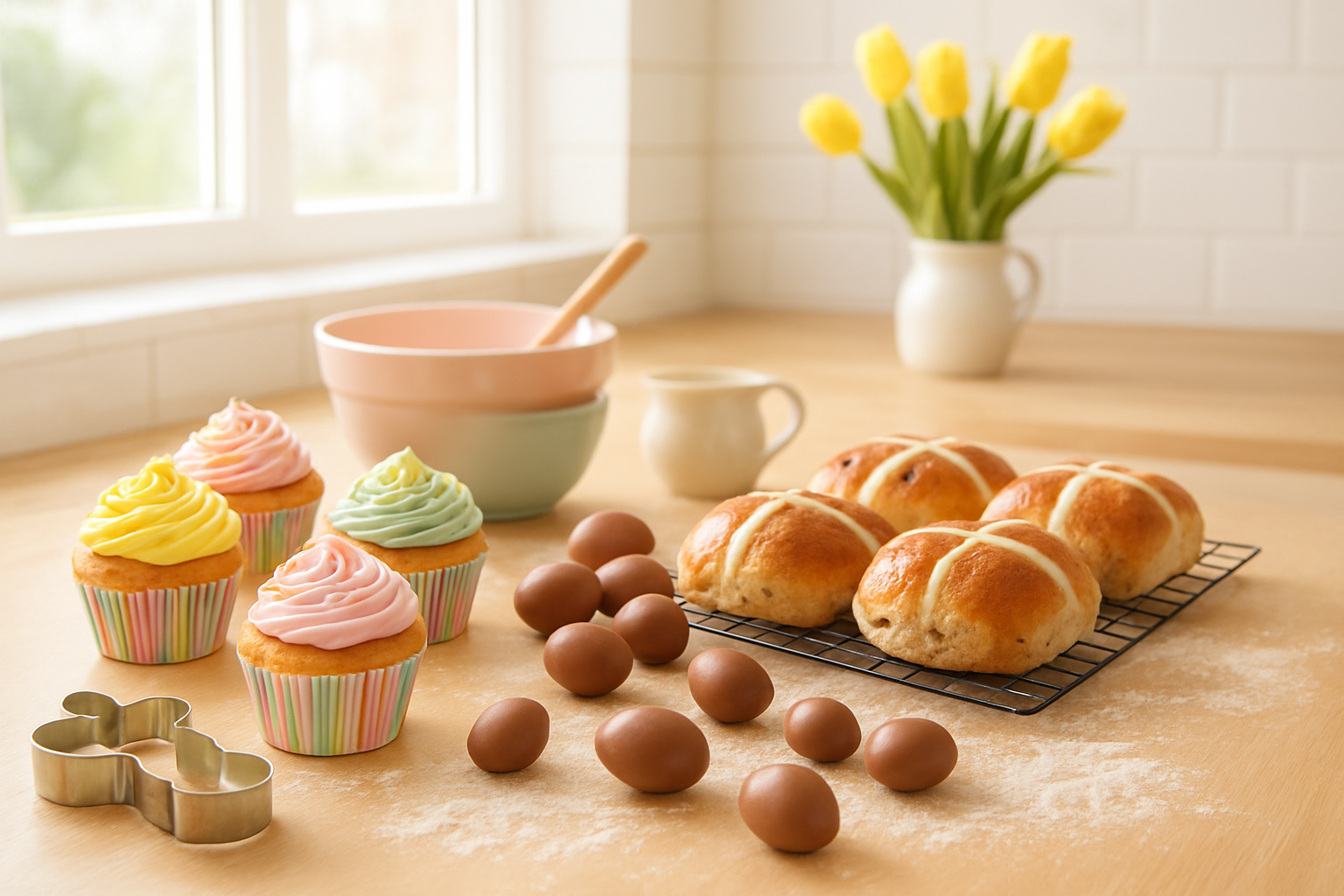 Create a realistic image of a bright, modern kitchen counter featuring Easter-themed baking and cooking items including colorfully decorated Easter cupcakes with pastel frosting, chocolate Easter eggs, a freshly baked hot cross buns on a cooling rack, Easter cookie cutters in bunny and egg shapes, pastel-colored mixing bowls, scattered flour, and spring flowers like tulips as decoration, with warm natural lighting streaming through a window, creating an inviting and festive Easter cooking atmosphere, absolutely NO text should be in the scene.