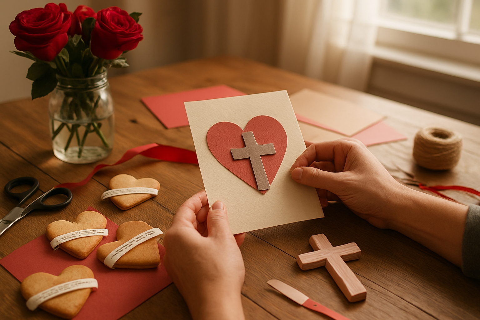 Create a realistic image of hands crafting Christian-themed Valentine's gifts on a wooden table, including a handmade card with a cross symbol, heart-shaped cookies with biblical verse ribbons, a small wooden cross decoration painted with soft pink accents, fresh red roses in a mason jar, craft supplies like colored paper and ribbons scattered around, warm natural lighting streaming through a window, cozy home crafting atmosphere with soft shadows, absolutely NO text should be in the scene.